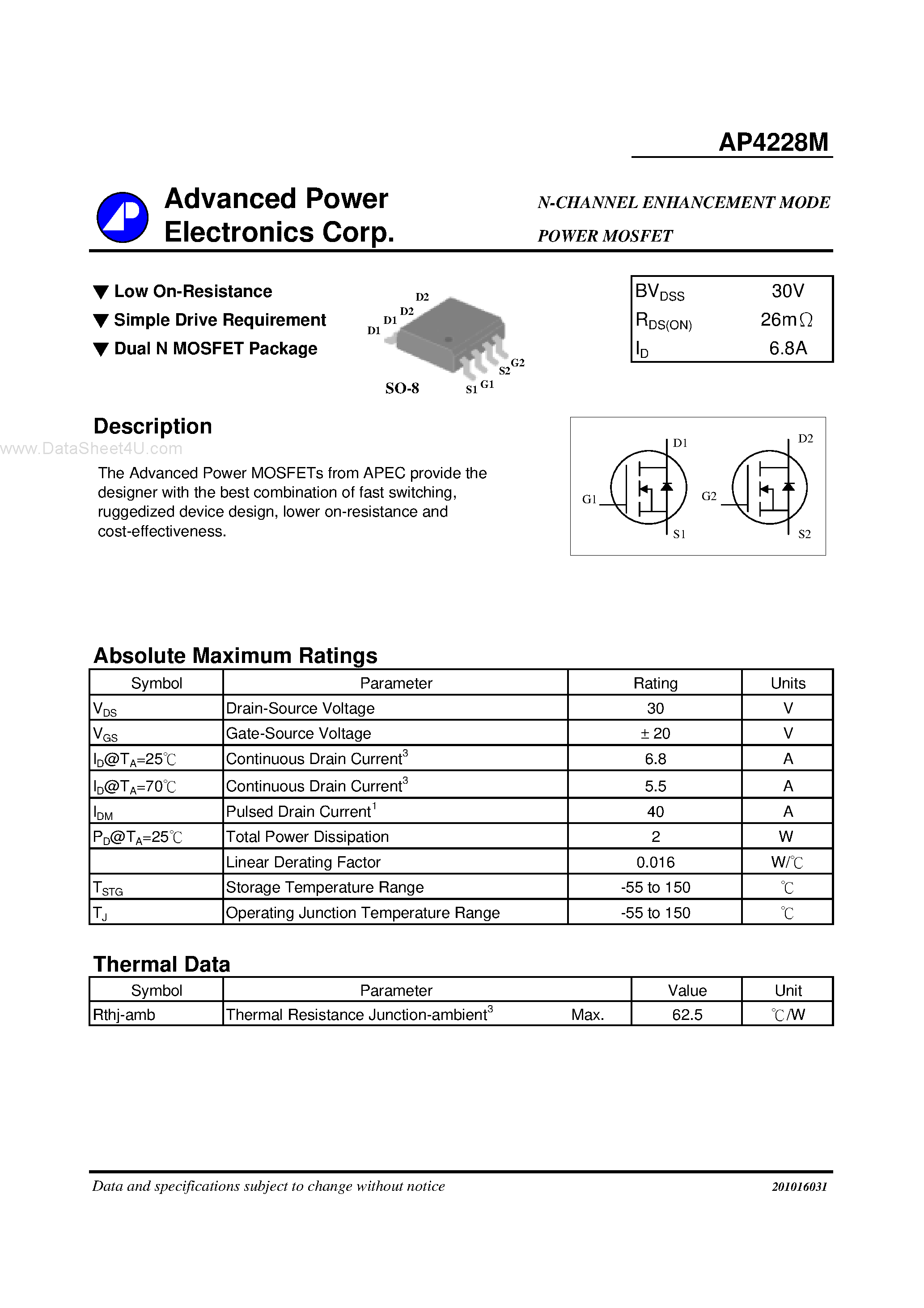 Datasheet AP4228M - N-CHANNEL ENHANCEMENT MODE POWER MOSFET page 1