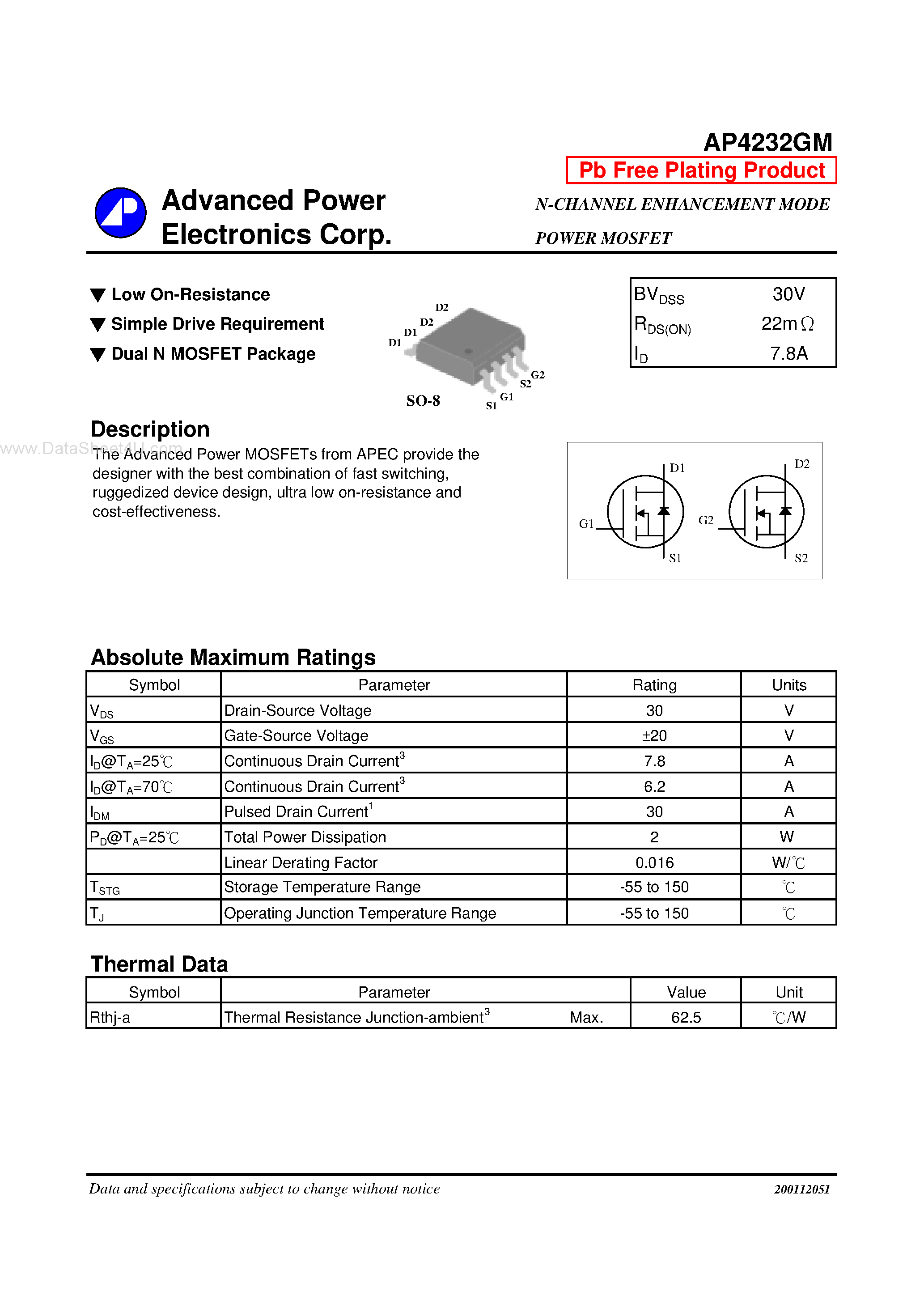 Datasheet AP4232GM - N-CHANNEL ENHANCEMENT MODE POWER MOSFET page 1