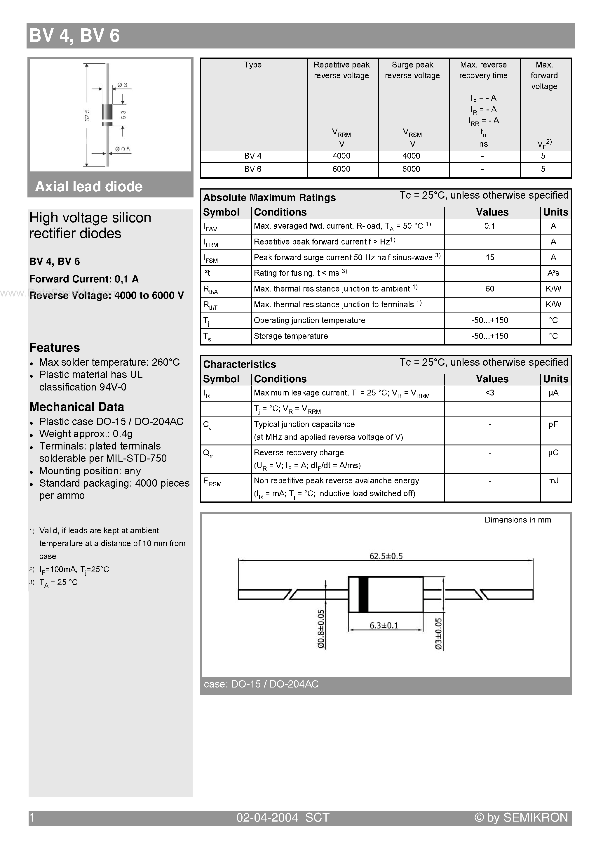 Datasheet BV4 - High voltage silicon rectifier diodes page 1