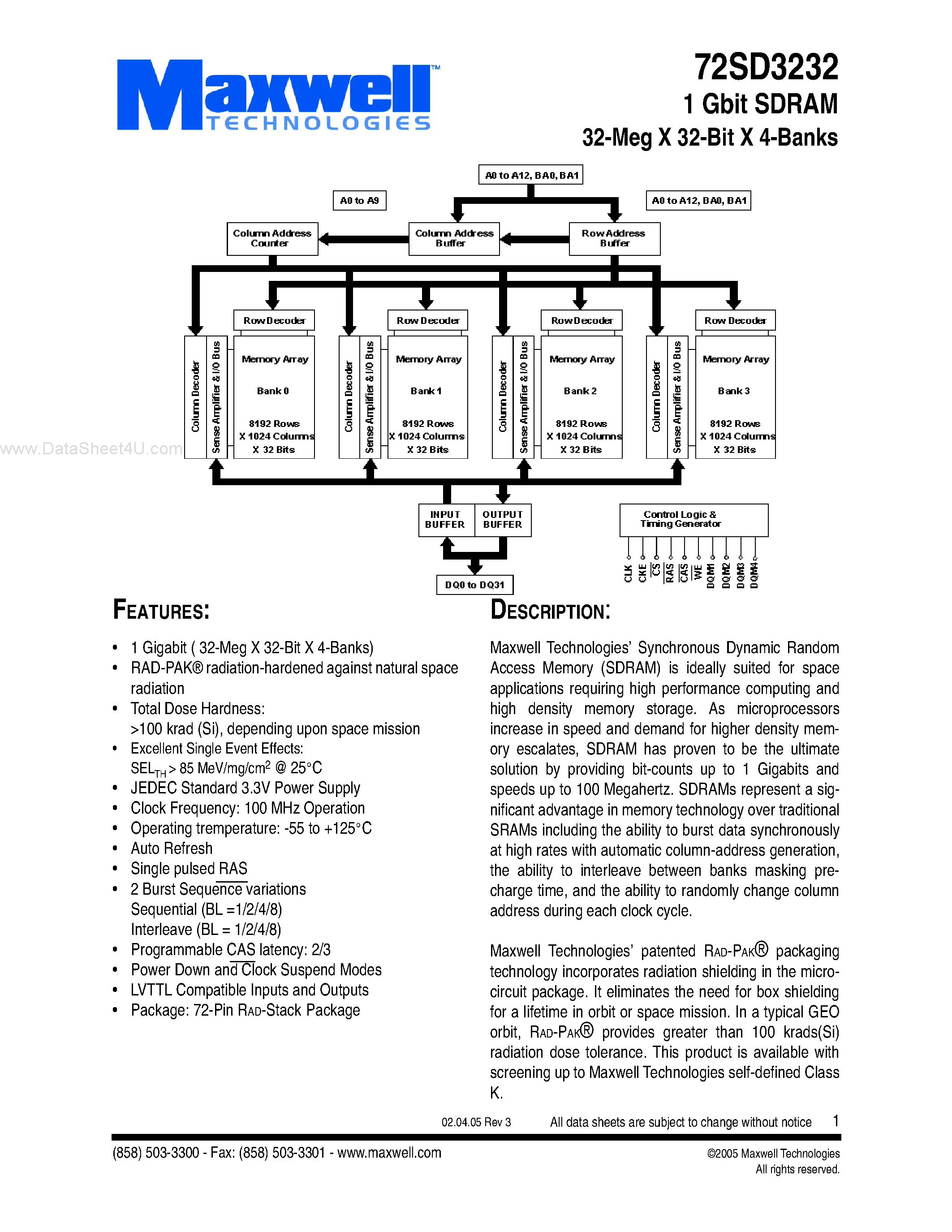 Datasheet 72SD3232 page 1 Datasheet 72SD3232 - 1 Gbit SDRAM 32-Meg X 32-Bit X 4-Banks page 1