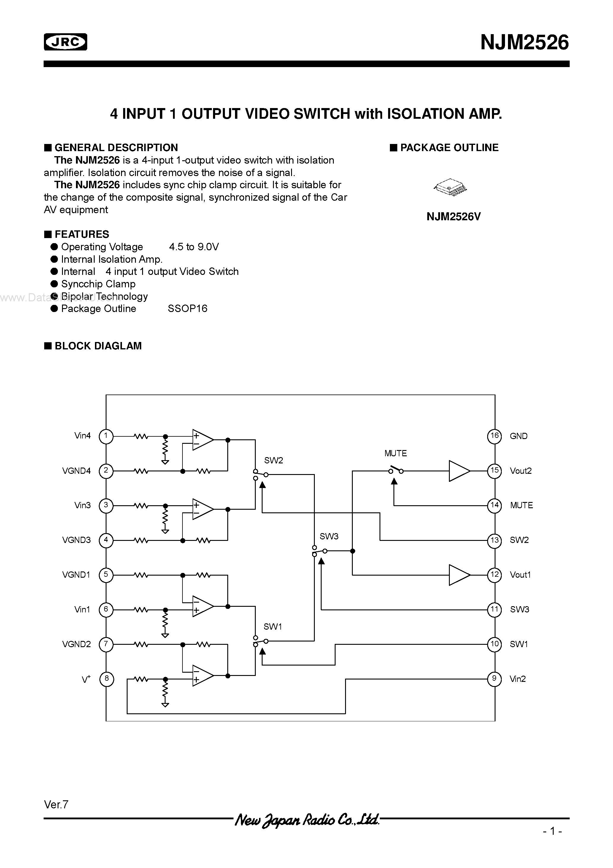 Datasheet NJM2526 - 4 INPUT 1 OUTPUT VIDEO SWITCH page 1