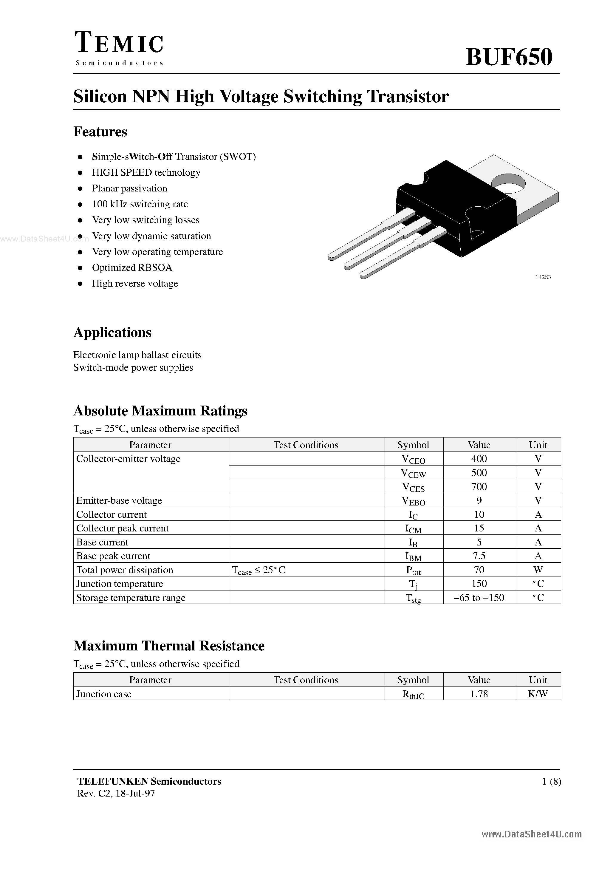 Даташит на микросхему BUF650 страница 1 Даташит BUF650 - Silicon NPN High Voltage Switching Transistor страница 1