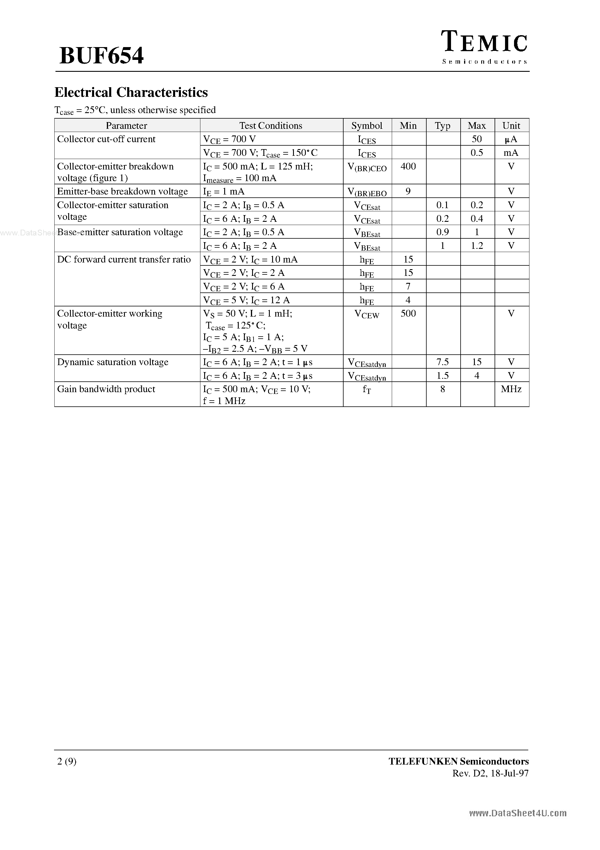 Даташит на микросхему BUF654 страница 2 Даташит BUF654 - Silicon NPN High Voltage Switching Transistor страница 2