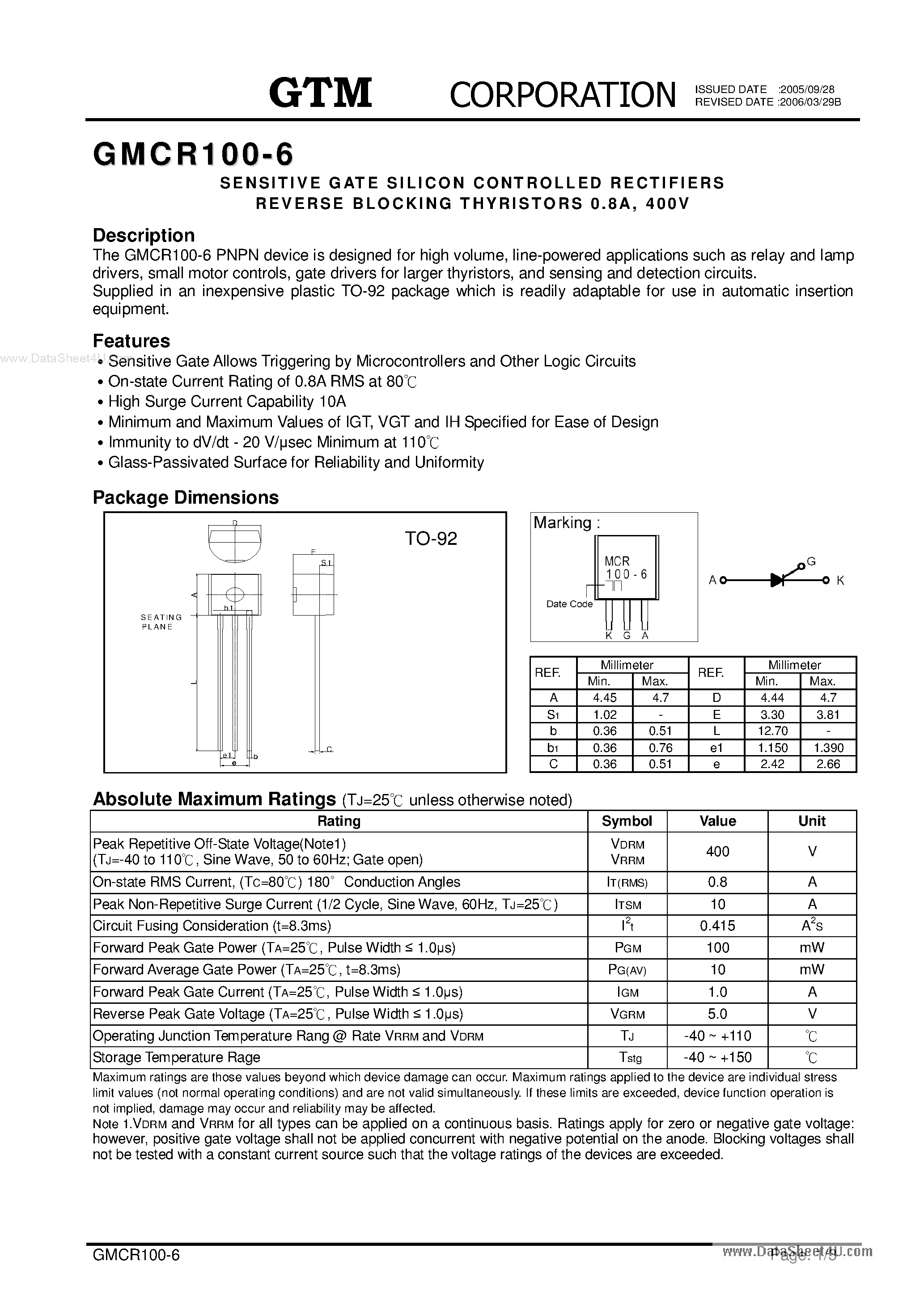 Даташит на микросхему GMCR100-6 страница 1 Даташит GMCR100-6 - SENSITIVE GATE SILICON CONTROLLED RECTIFIERS REVERSE BLOCKING THYRISTORS страница 1
