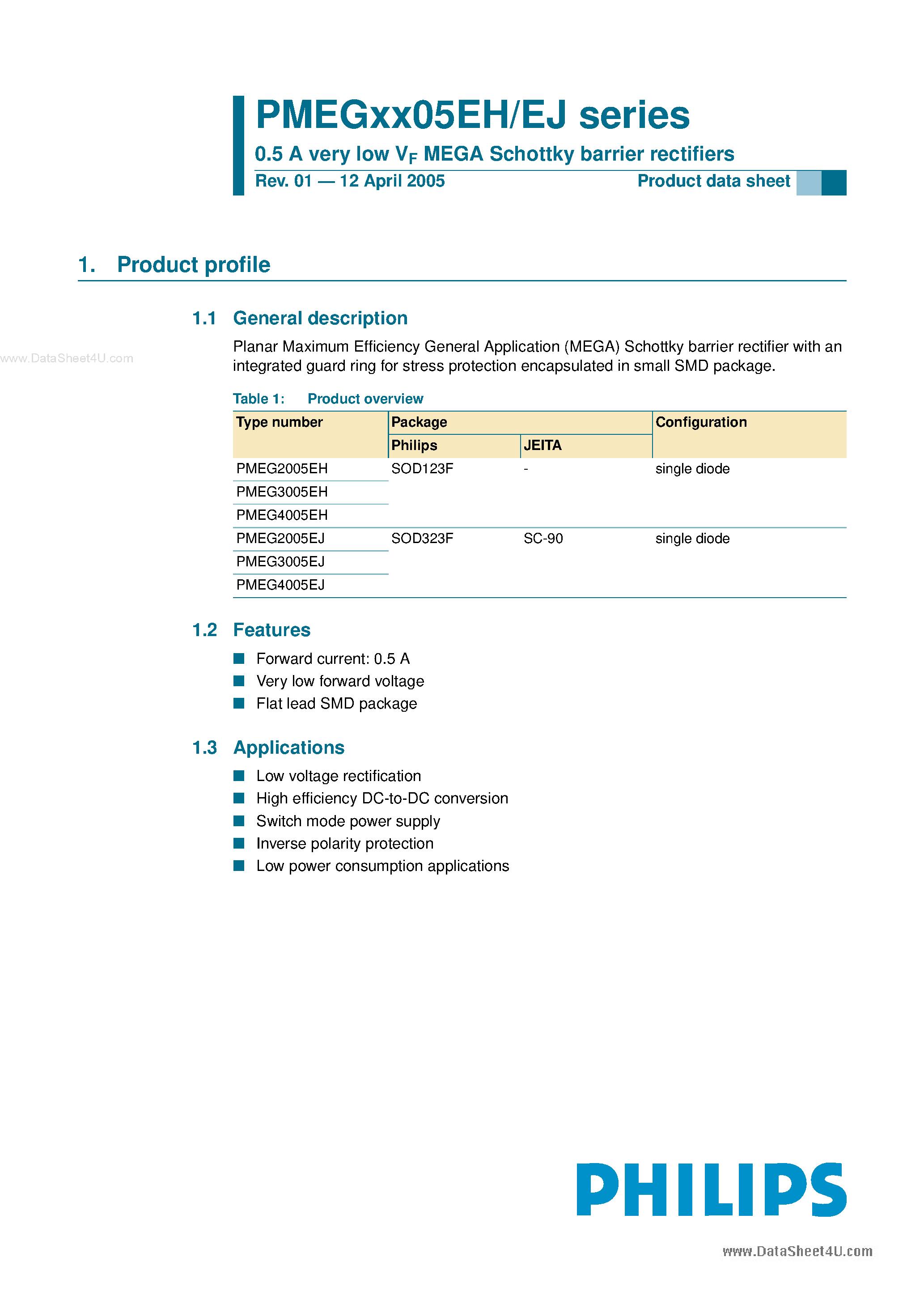 Datasheet PMEG2005EH - 0.5 A very low VF MEGA Schottky barrier rectifiers page 1