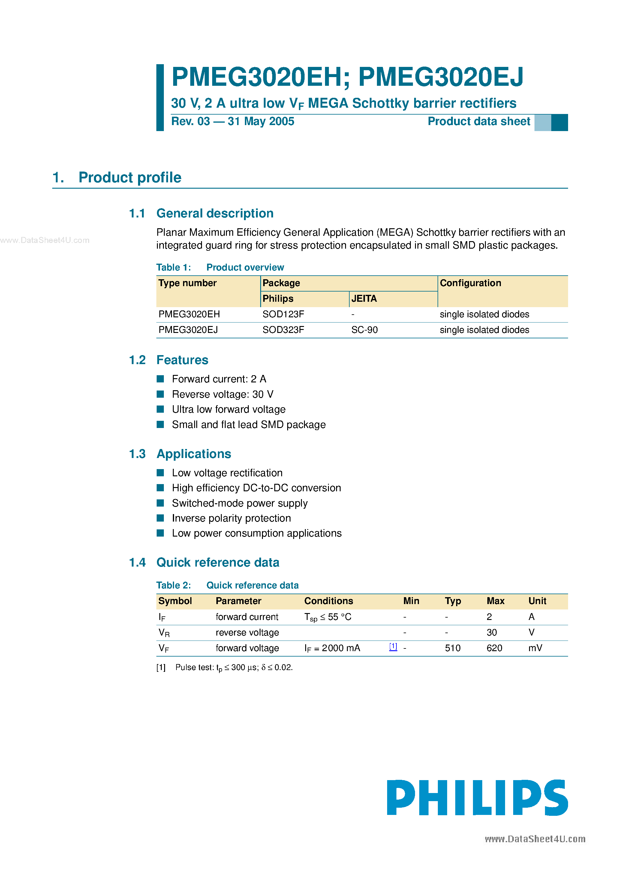 Datasheet PMEG3020EH page 1 Datasheet PMEG3020EH - 2A ultra low VF MEGA Schottky barrier rectifiers page 1