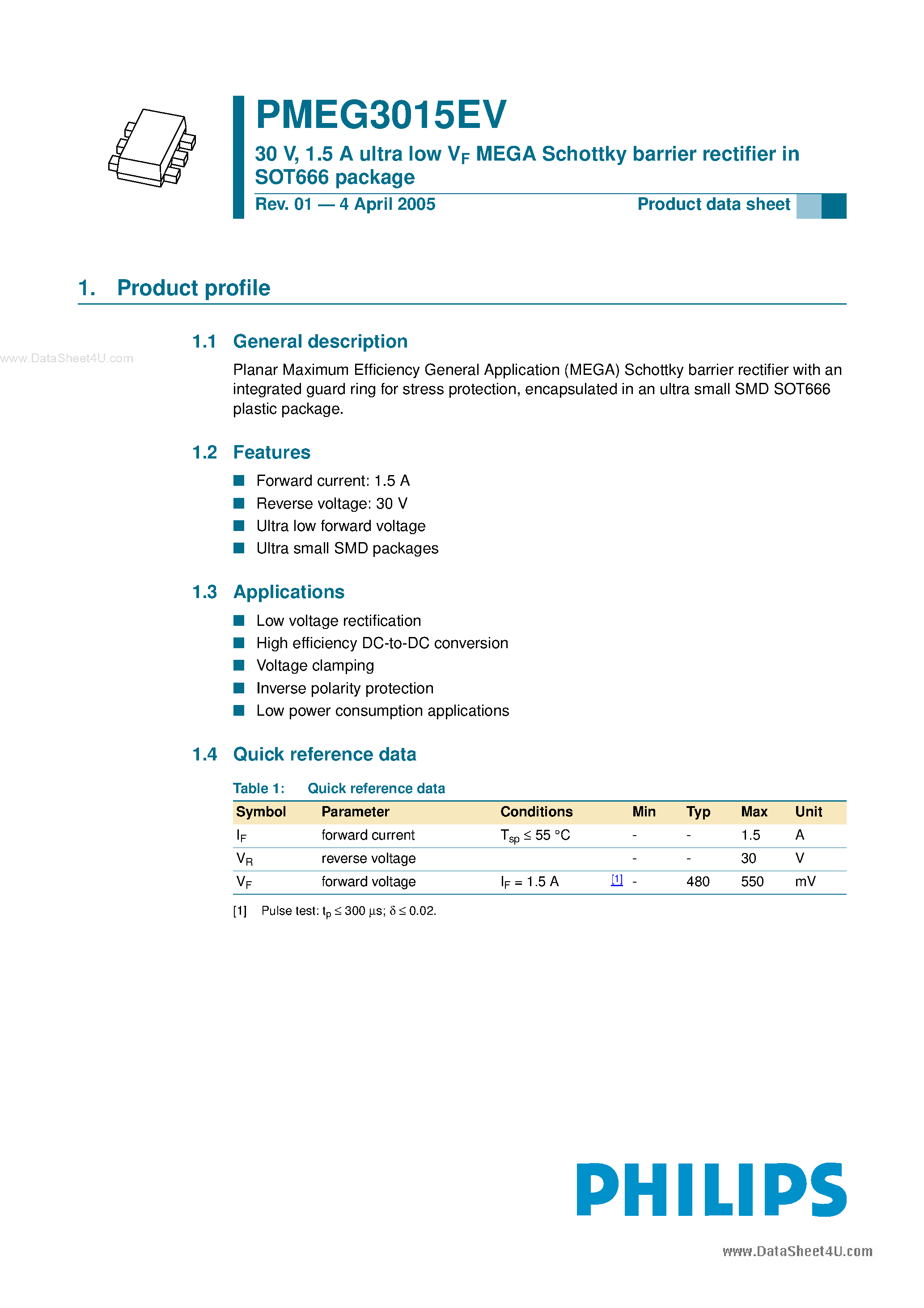 Datasheet PMEG3015EV - 1.5 A ultra low VF MEGA Schottky barrier rectifier page 1