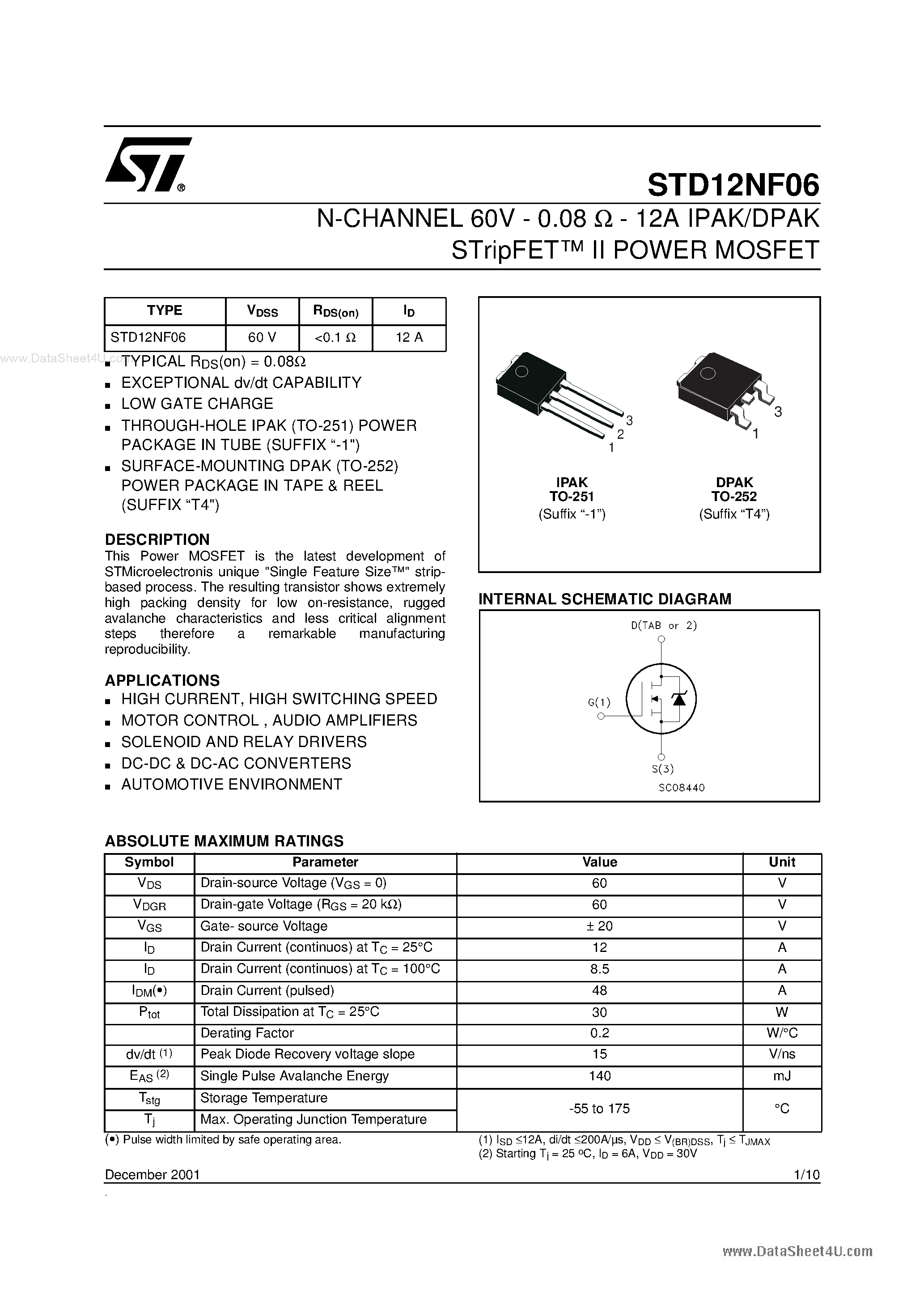 Datasheet D12NF06 - Search -----> STD12NF06 page 1