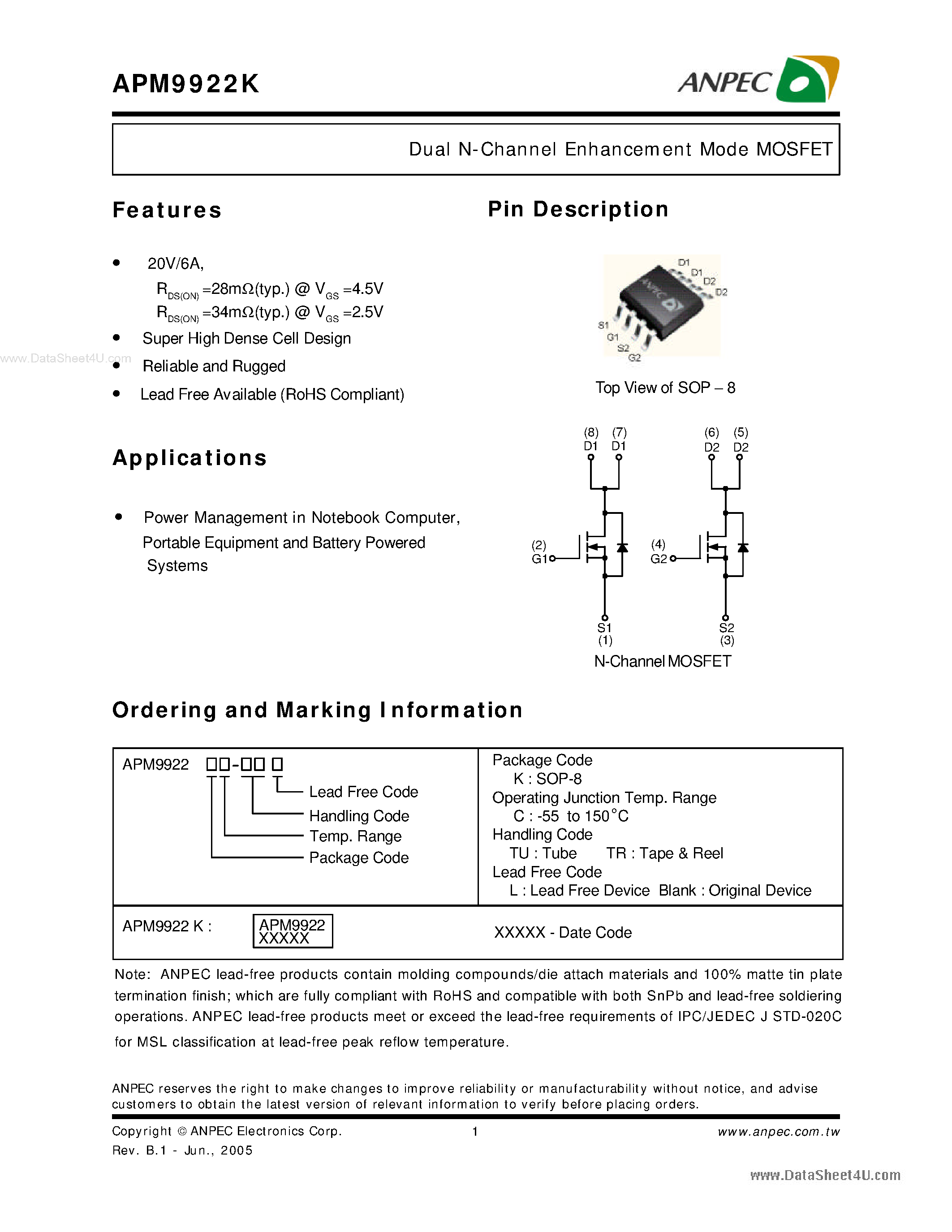 Datasheet APM9922K - Dual N-Channel Enhancement Mode MOSFET page 1