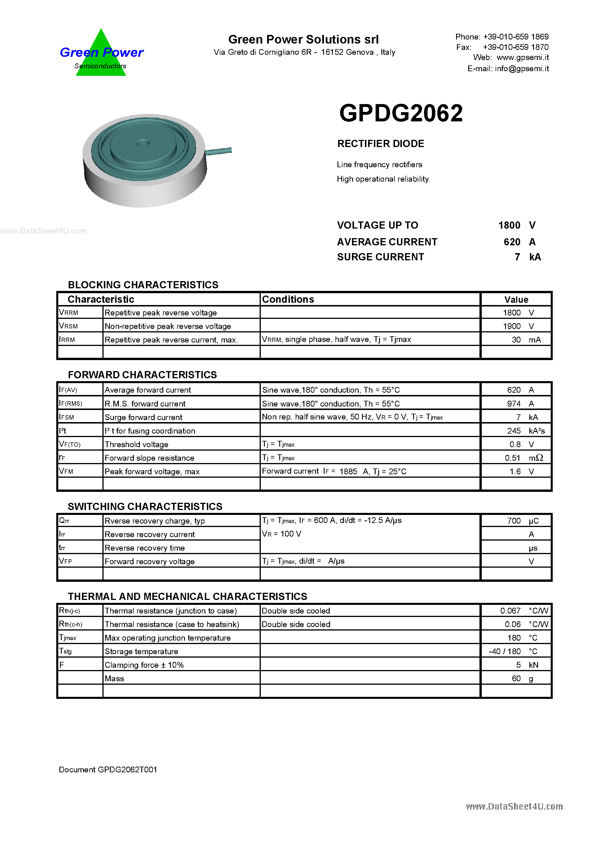 Datasheet GPDG2062 - 1800 V Rectifier Diode page 1
