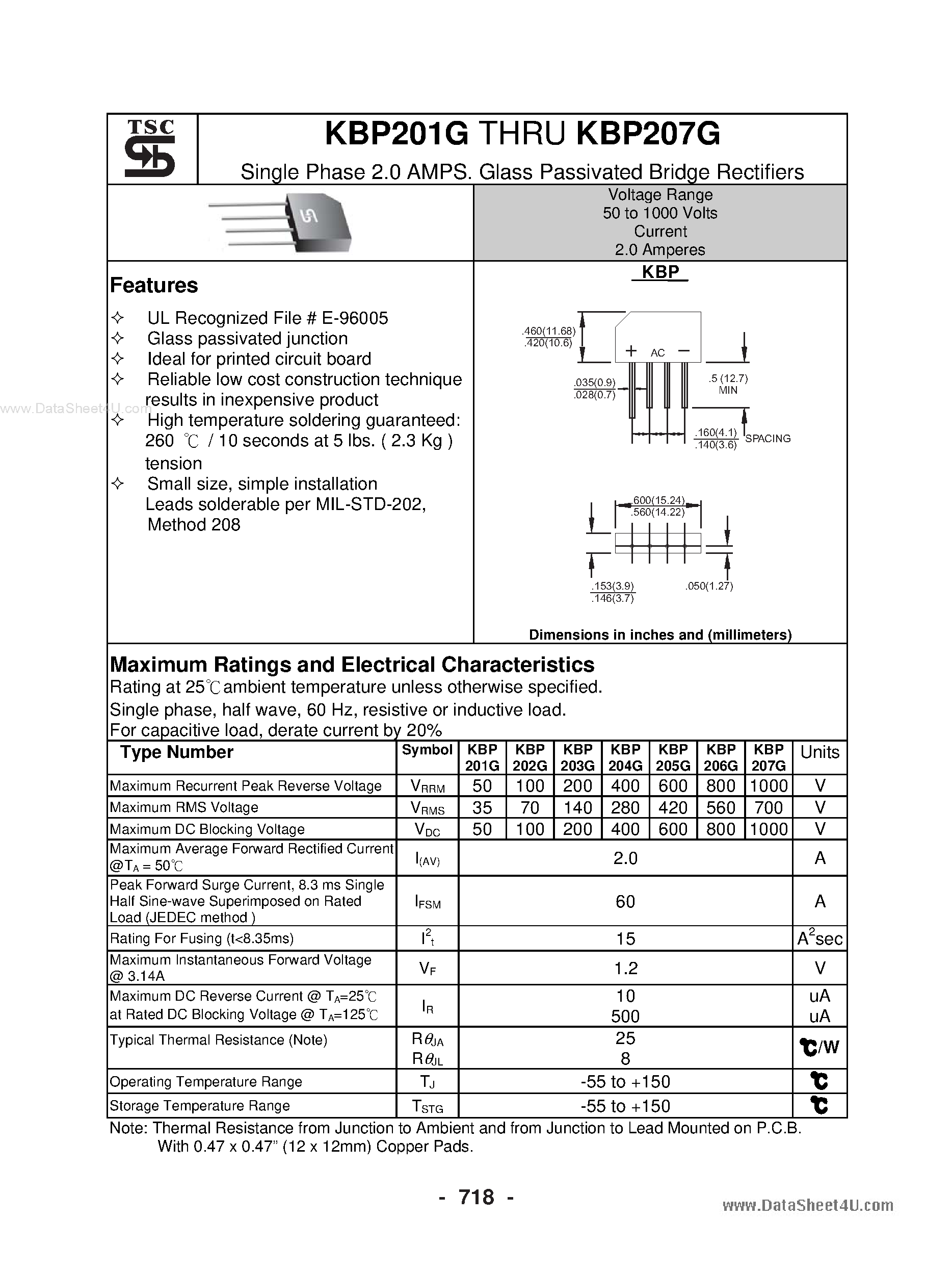 Datasheet KBP201G - (KBP201G - KBP207G) Glass Passivated Bridge Rectifiers page 1