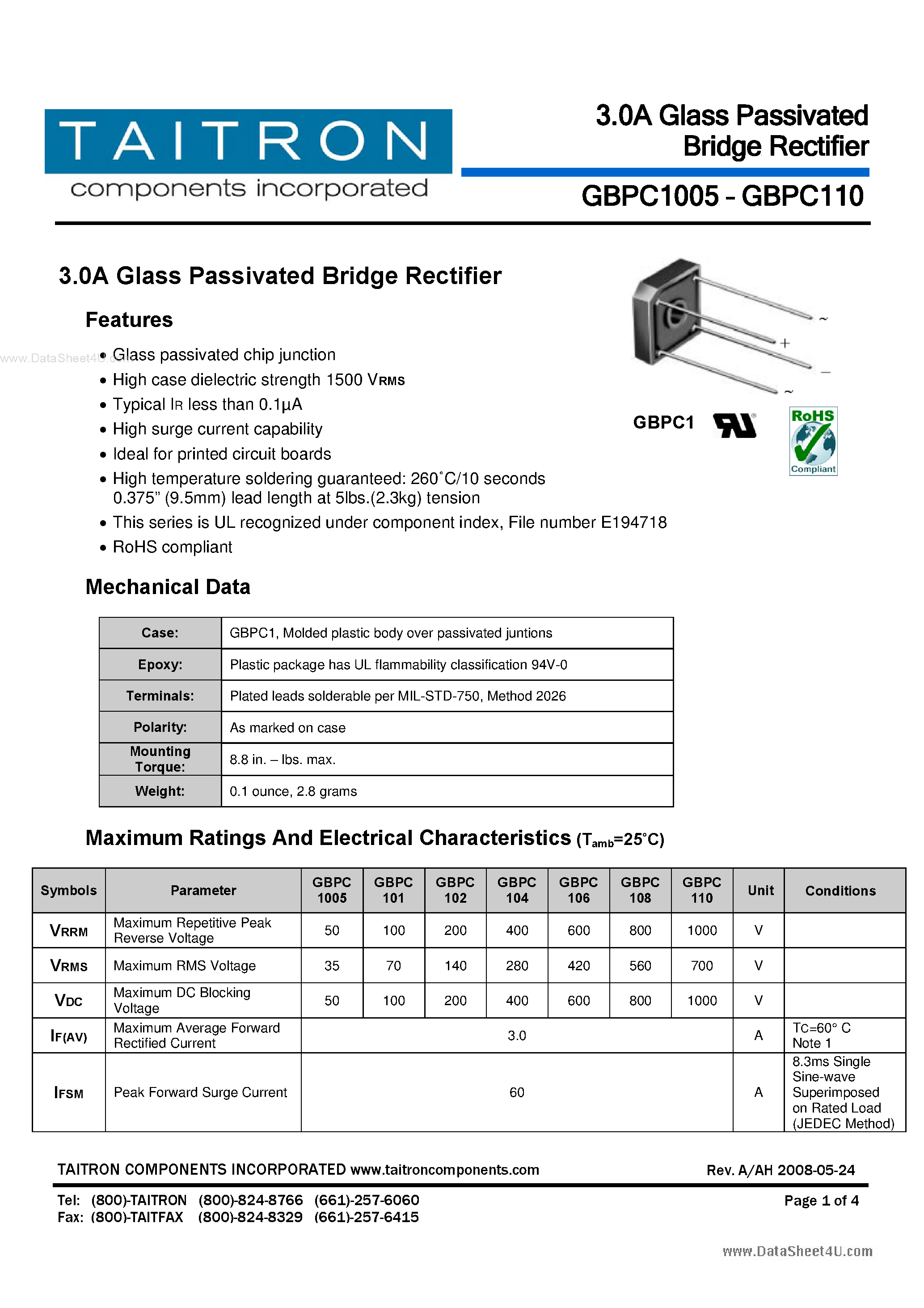 Даташит GBPC1005 - (GBPCxxx) 3.0A Glass Passivated Bridge Rectifier страница 1