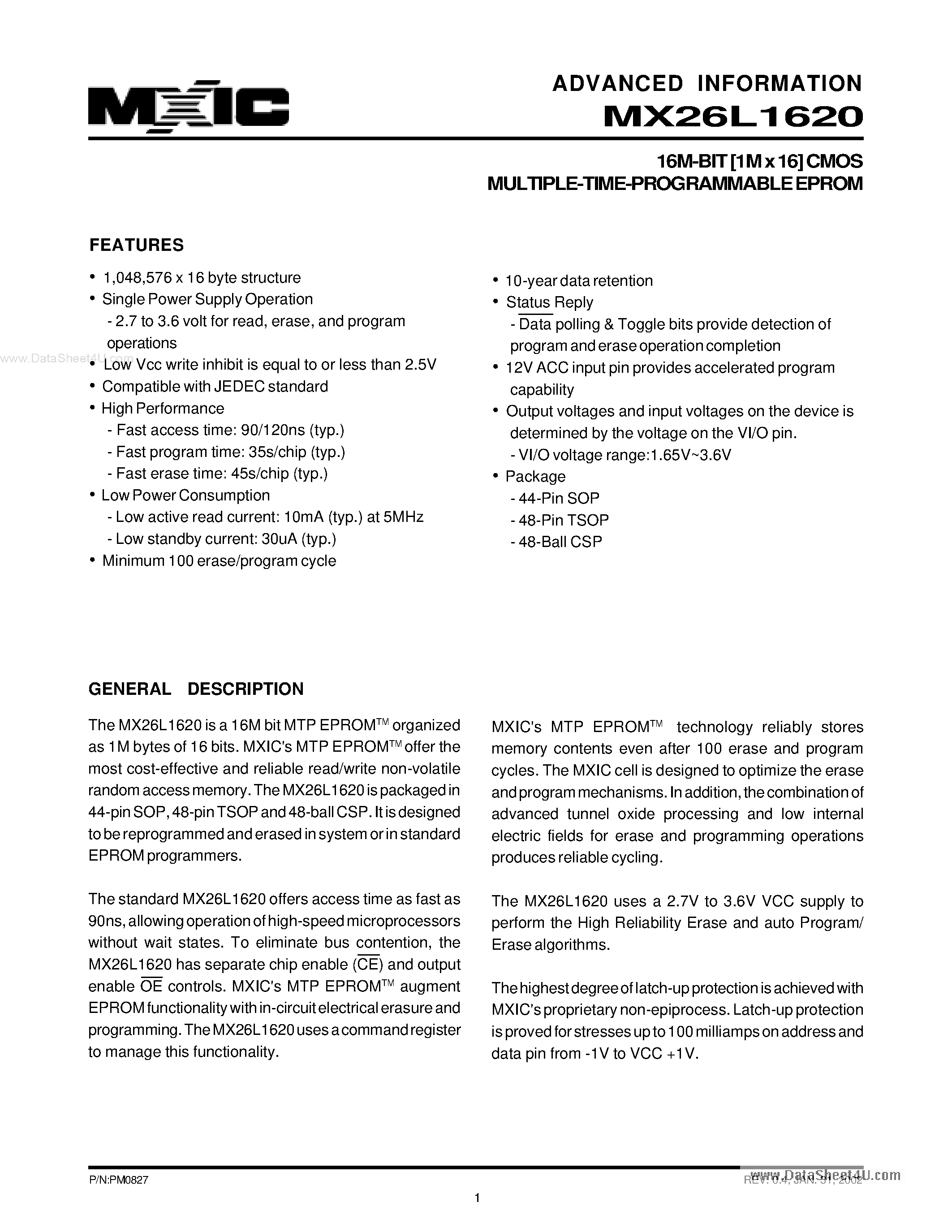 Datasheet MX26L1620 - 16M-BIT [1M x 16] CMOS MULTIPLE-TIME-PROGRAMMABLE EPROM page 1