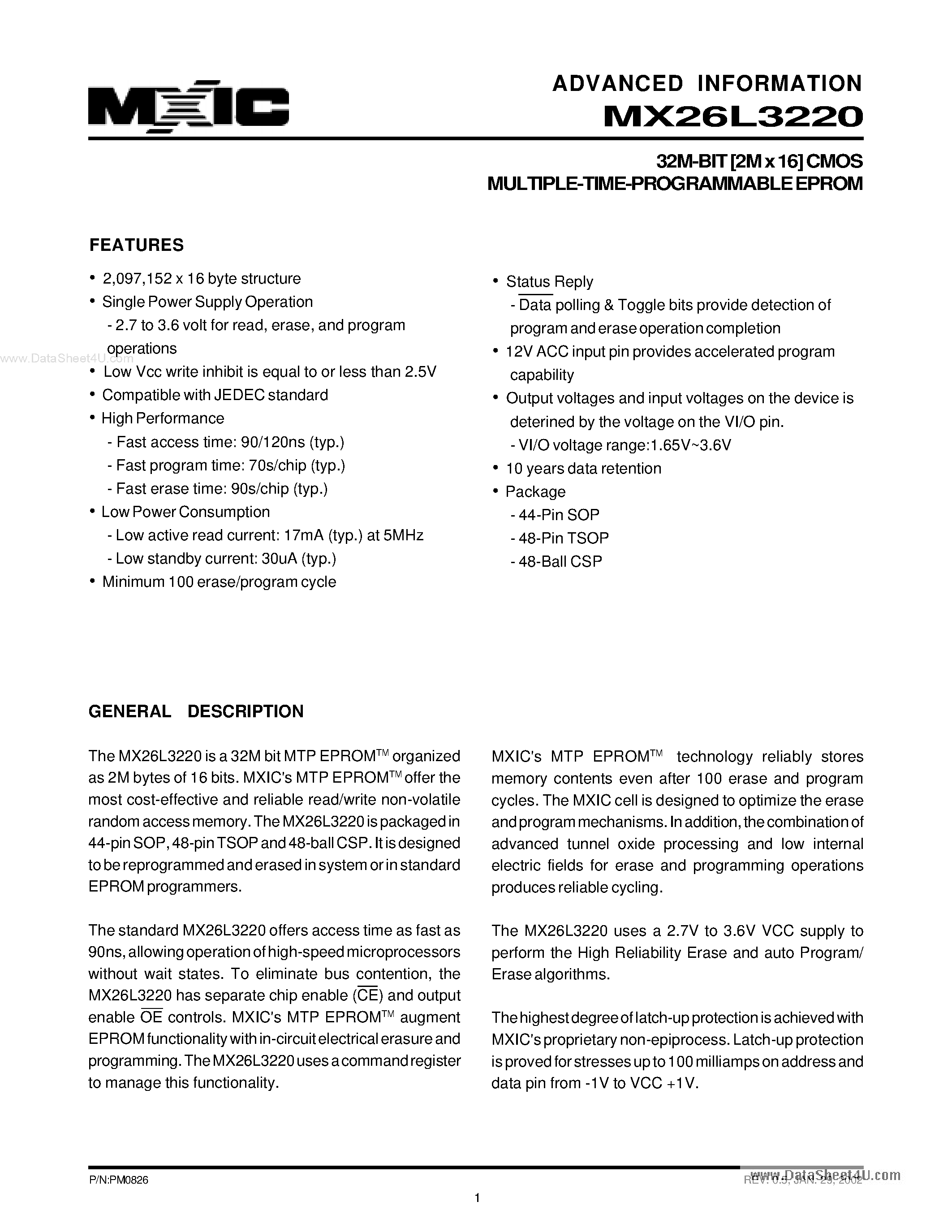 Datasheet MX26L3220 - 32M-BIT [2M x 16] CMOS MULTIPLE-TIME-PROGRAMMABLE EPROM page 1