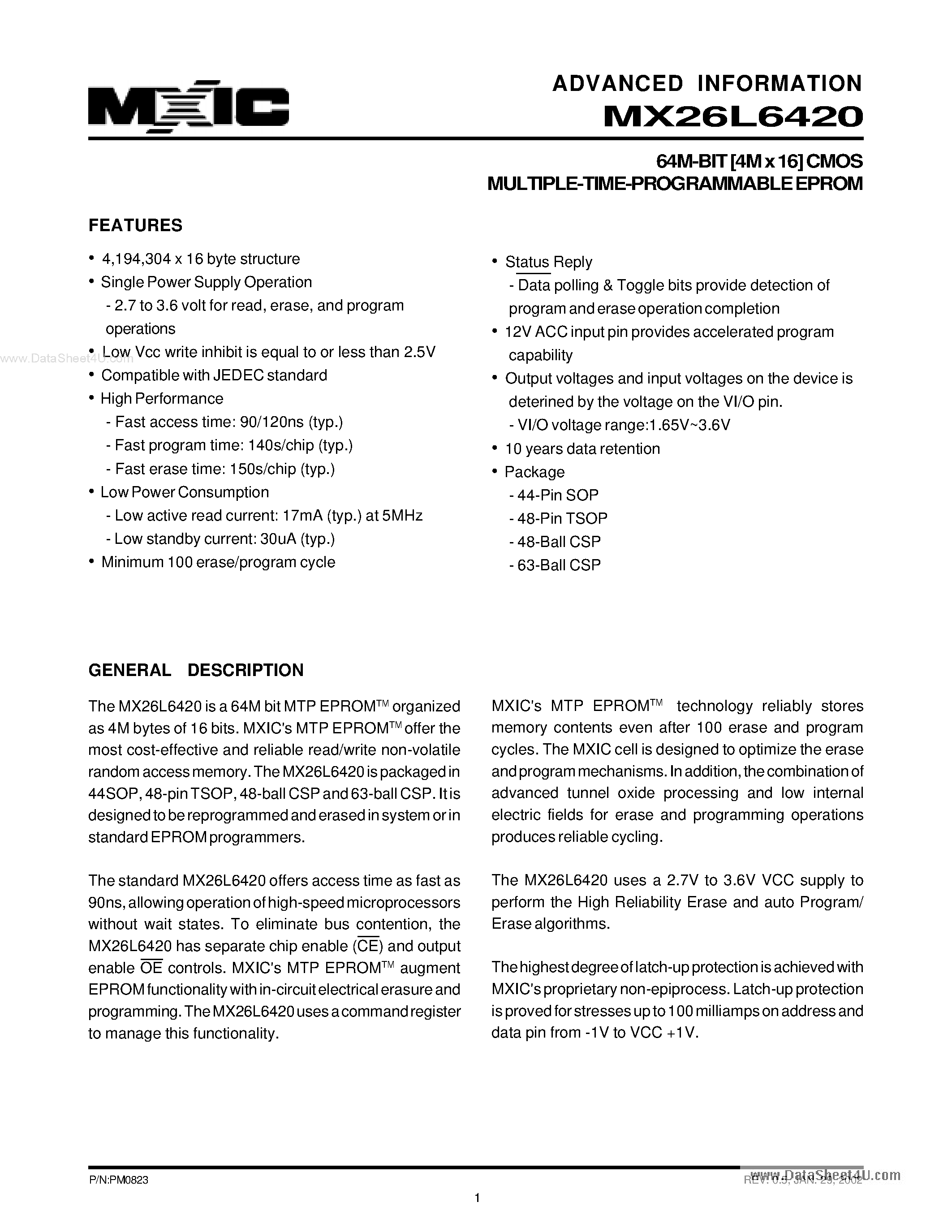 Datasheet MX26L6420 - 64M-BIT [4M x 16] CMOS MULTIPLE-TIME-PROGRAMMABLE EPROM page 1