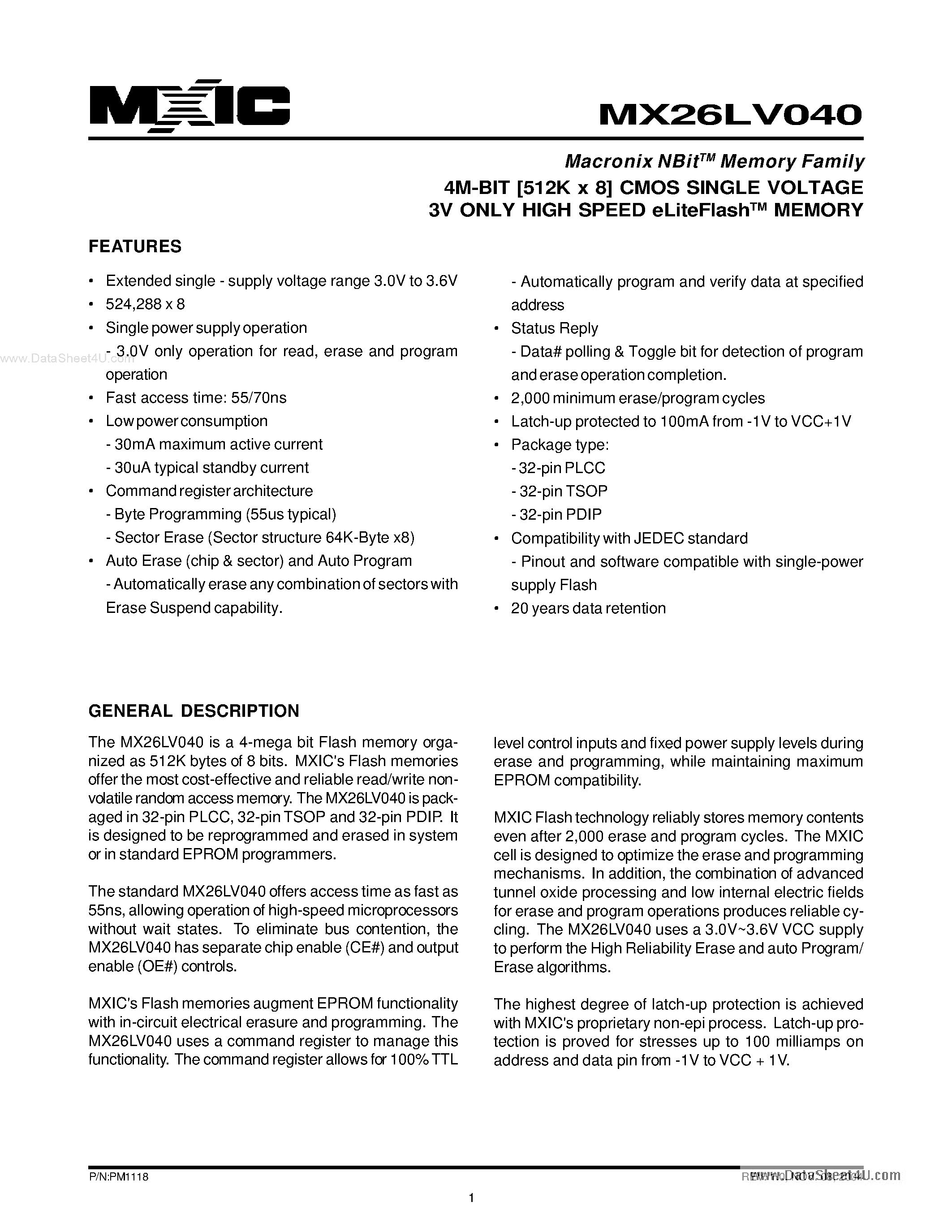 Datasheet MX26LV040 - 4M-BIT [512K x 8] CMOS SINGLE VOLTAGE 3V ONLY HIGH SPEED eLiteFlashTM MEMORY page 1