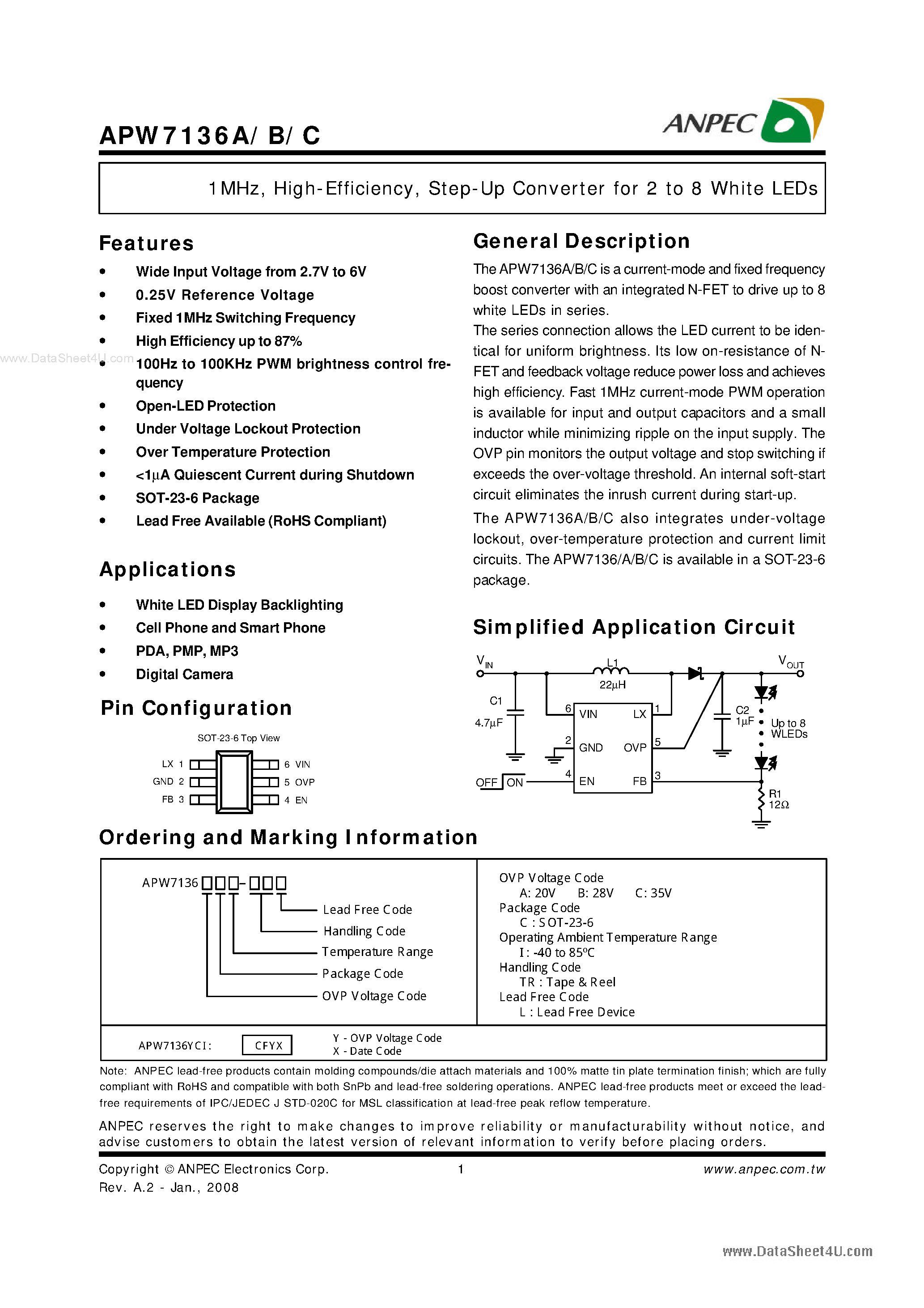 Даташит APW7136A - Step-Up Converter страница 1