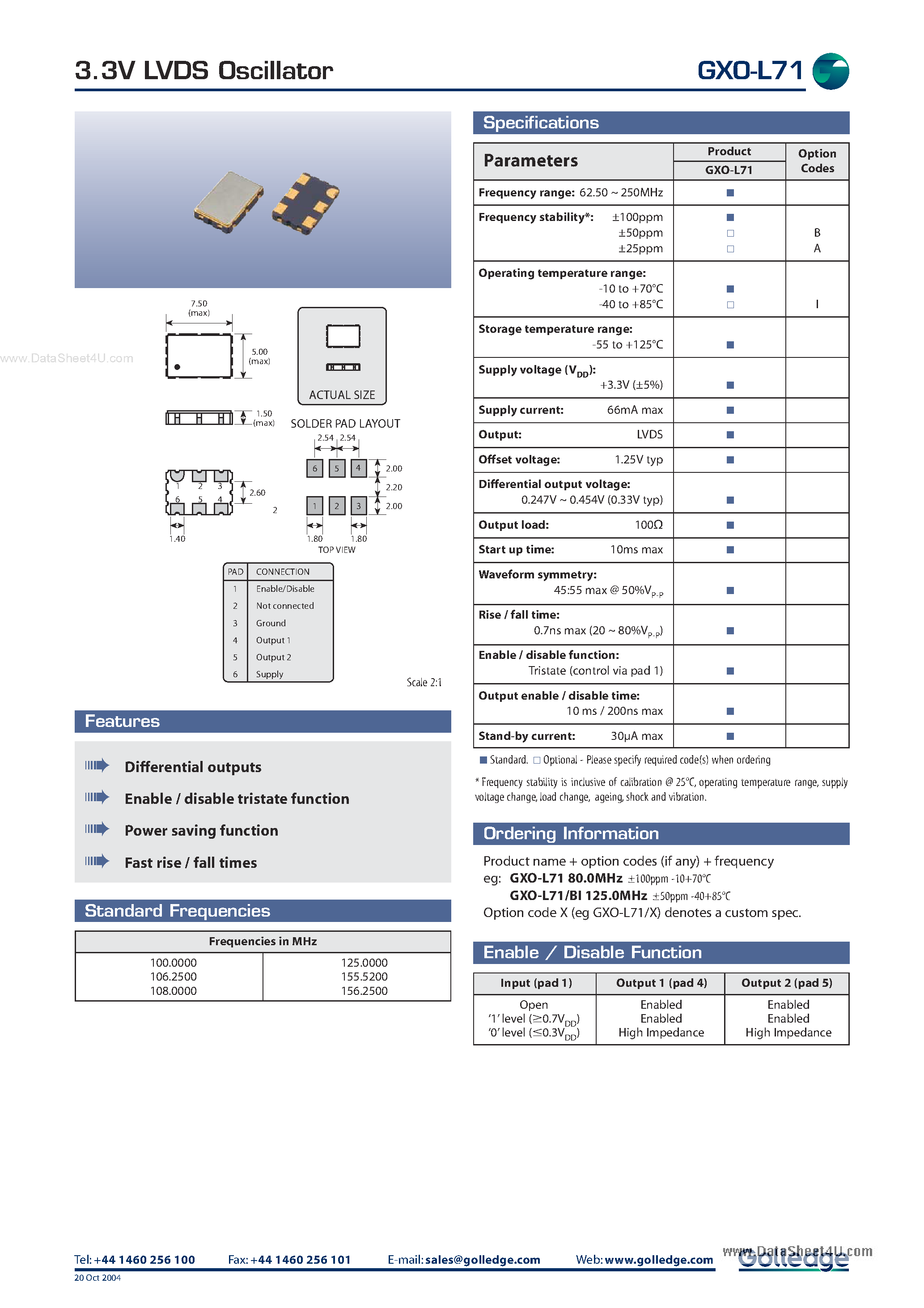 Даташит GXO-L71 - 3.3V LVDS Oscillator страница 1