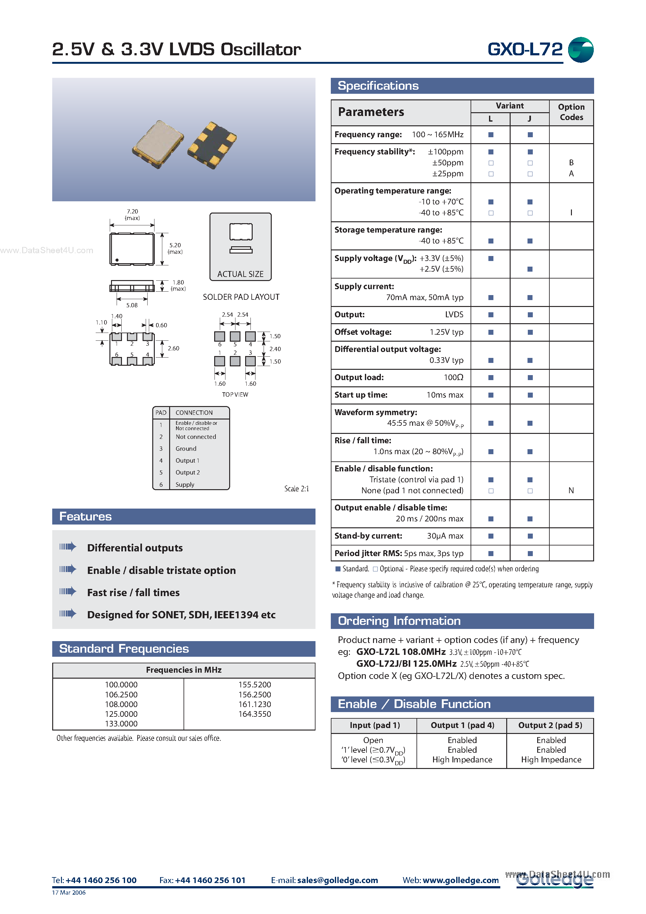 Даташит GXO-L72 - 2.5V and 3.3V LVDS Oscillator страница 1