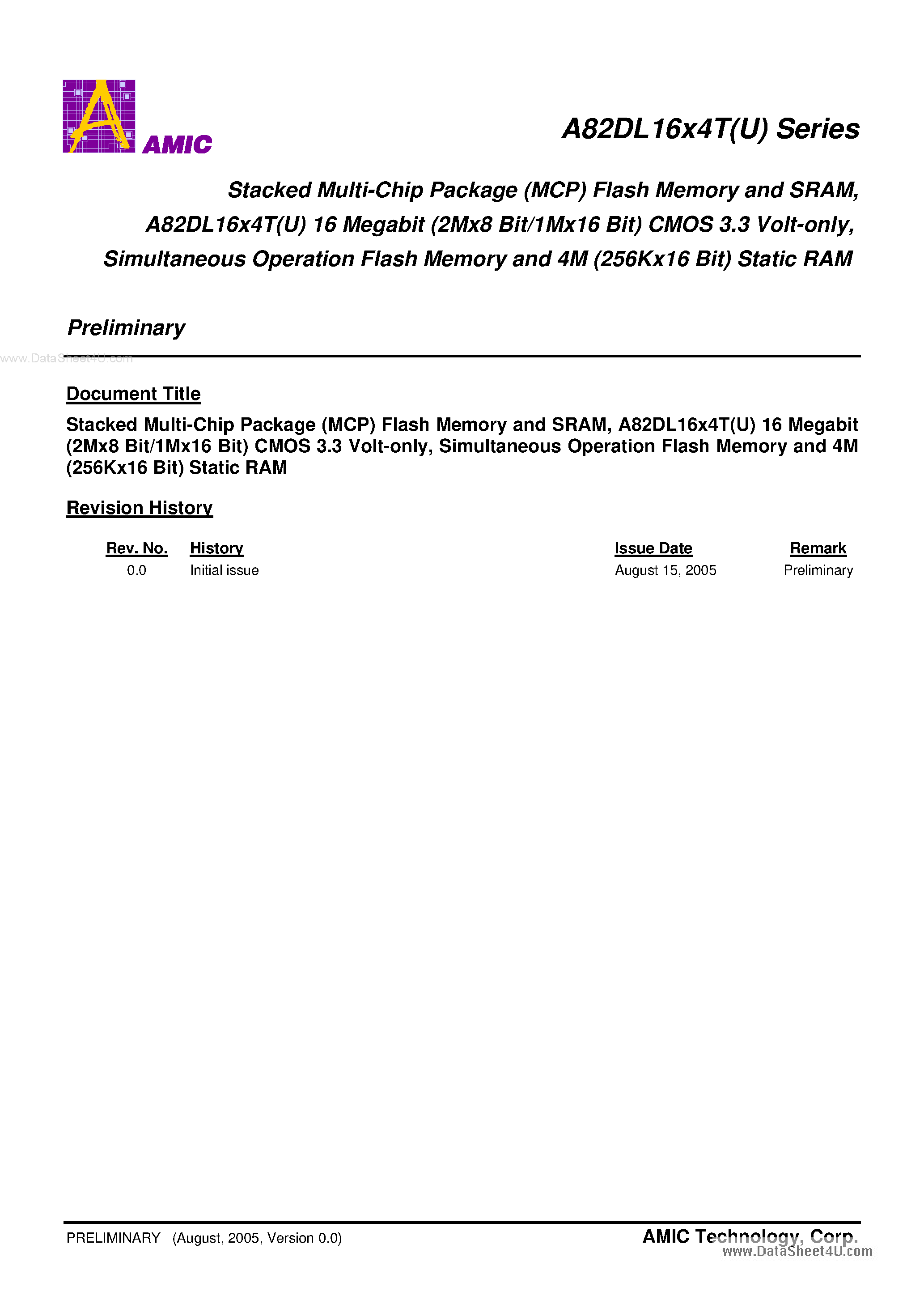 Datasheet A82DL1624T page 1 Datasheet A82DL1624T - (A82DL16x4T) Stacked Multi-Chip Package (MCP) Flash Memory and SRAM page 1