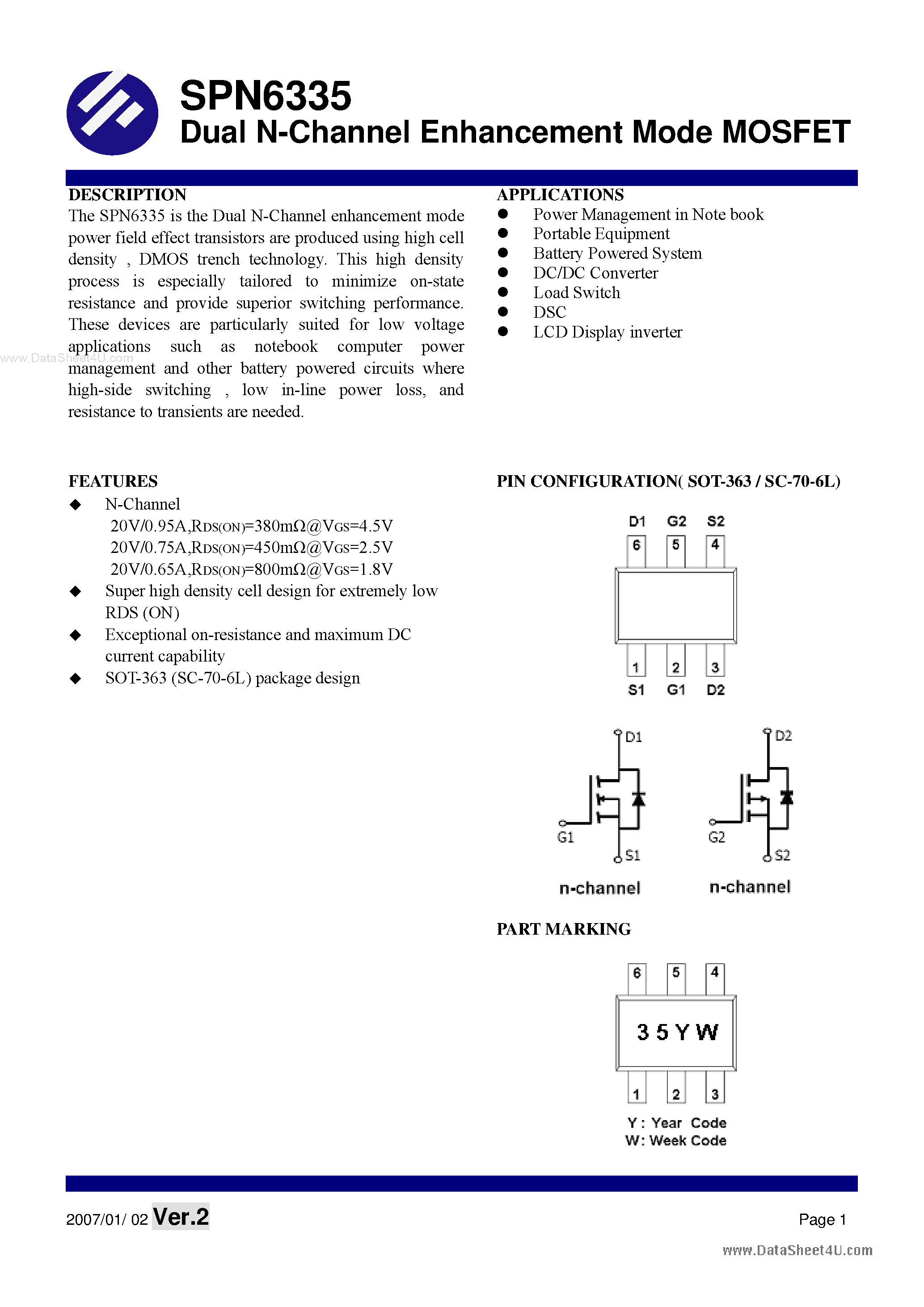 Datasheet SPN6335 - Dual N-Channel Enhancement Mode MOSFET page 1