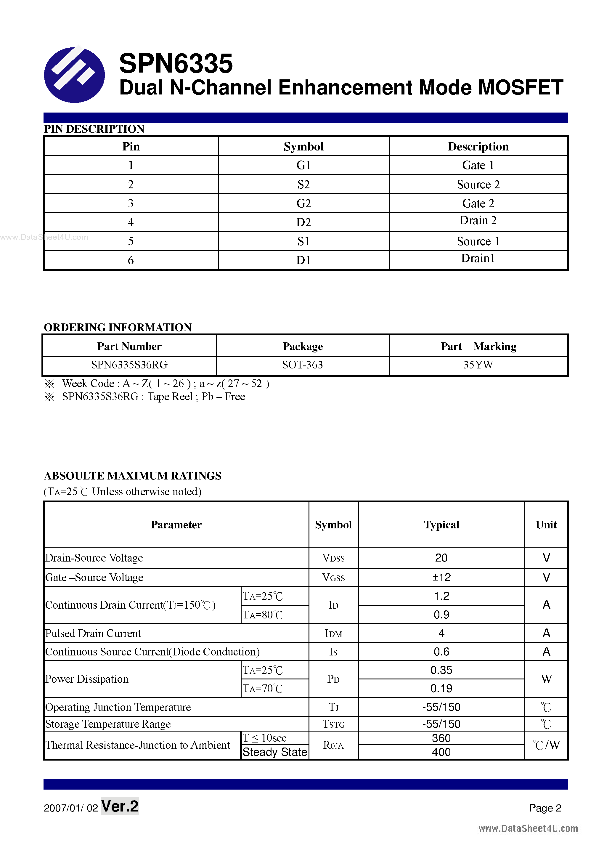 Datasheet SPN6335 - Dual N-Channel Enhancement Mode MOSFET page 2
