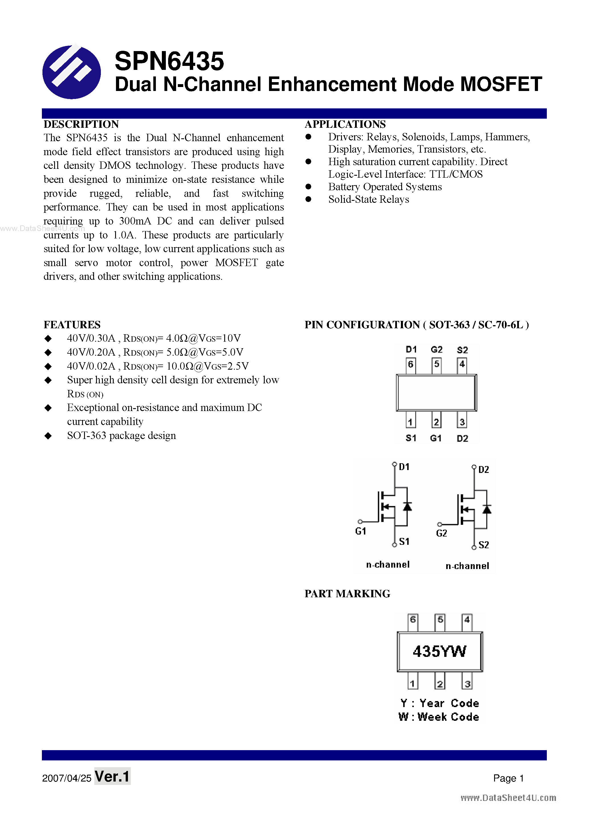 Datasheet SPN6435 - Dual N-Channel Enhancement Mode MOSFET page 1