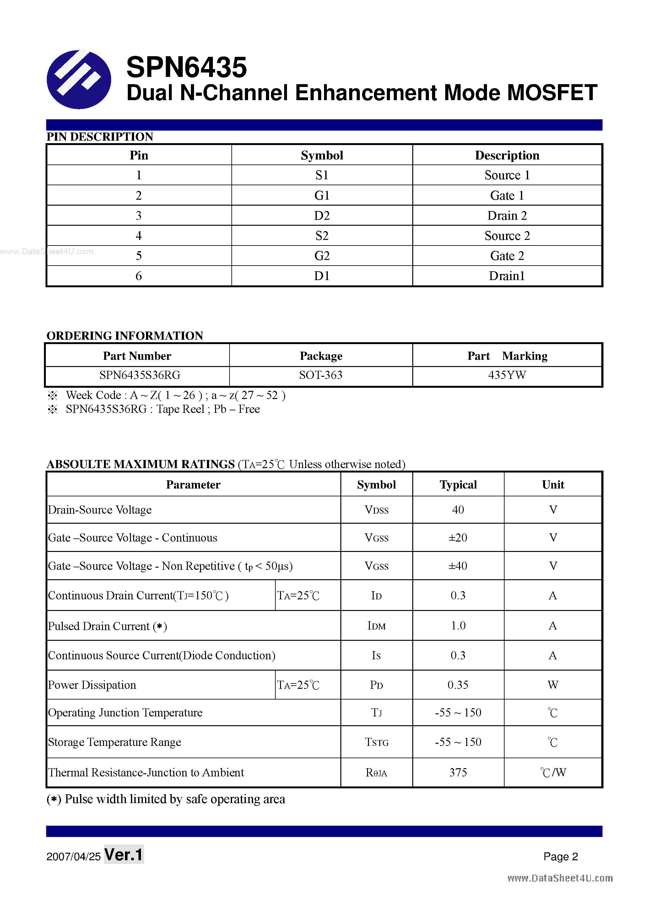 Datasheet SPN6435 - Dual N-Channel Enhancement Mode MOSFET page 2