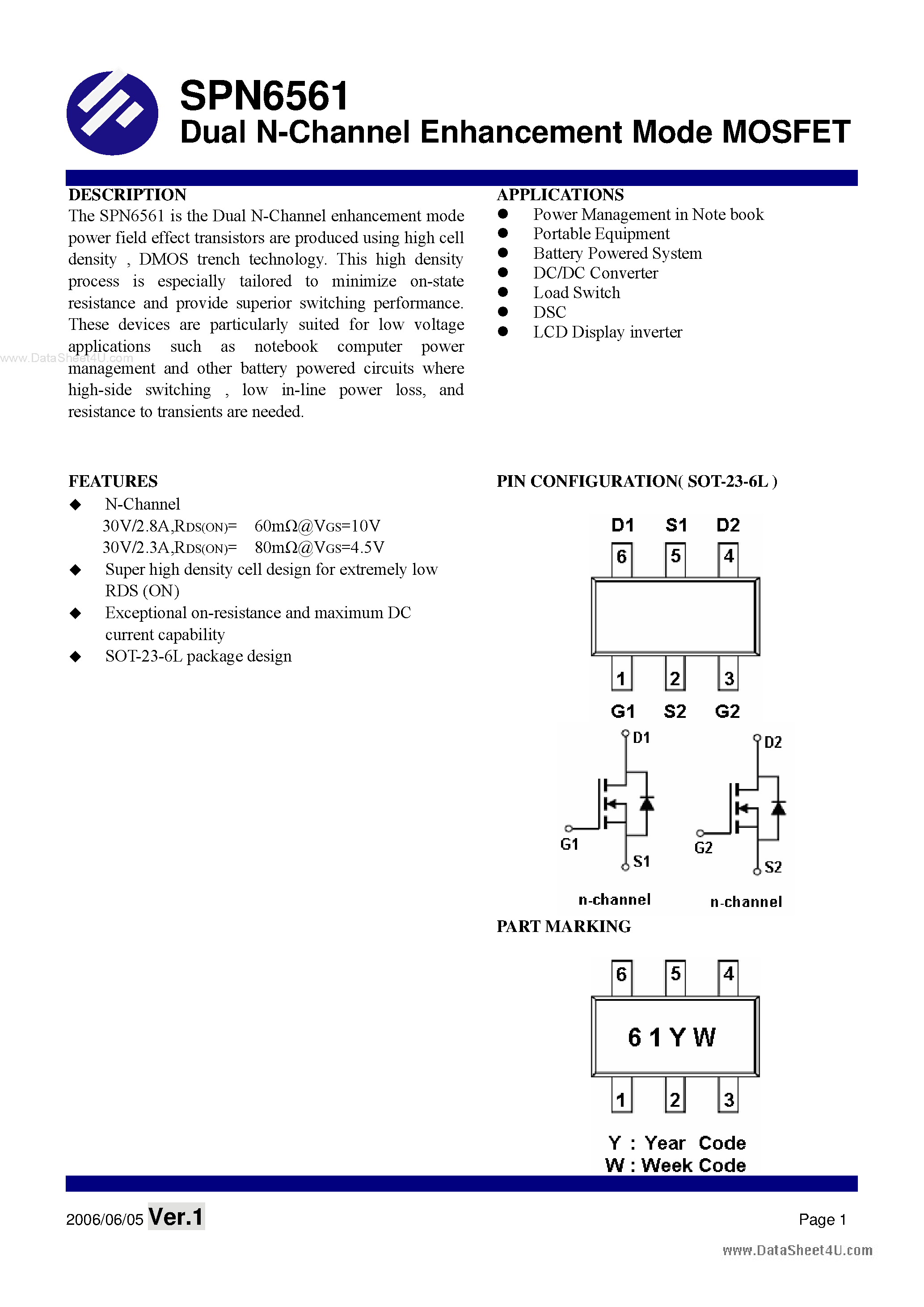 Datasheet SPN6561 - Dual N-Channel Enhancement Mode MOSFET page 1