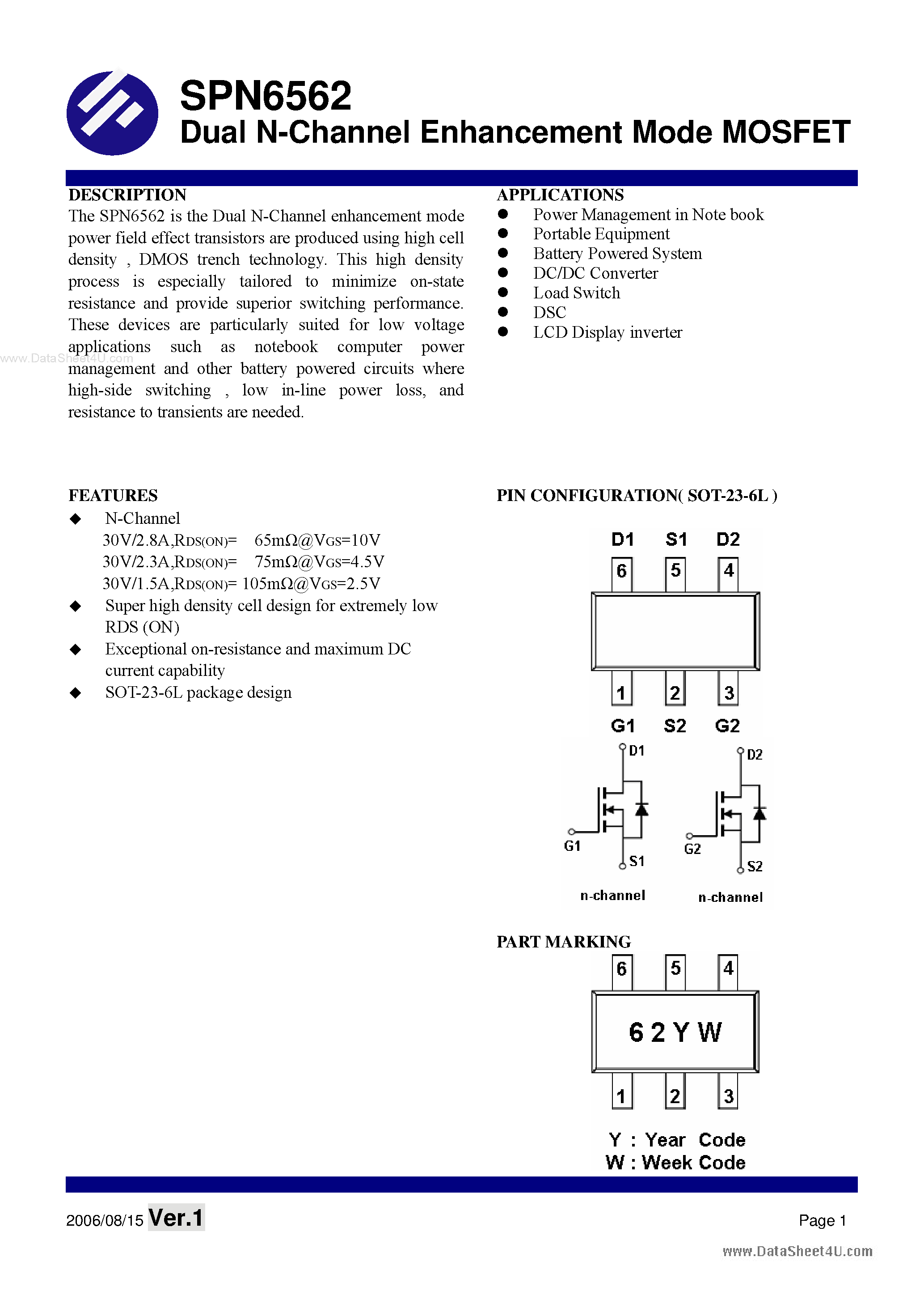 Datasheet SPN6562 - Dual N-Channel Enhancement Mode MOSFET page 1