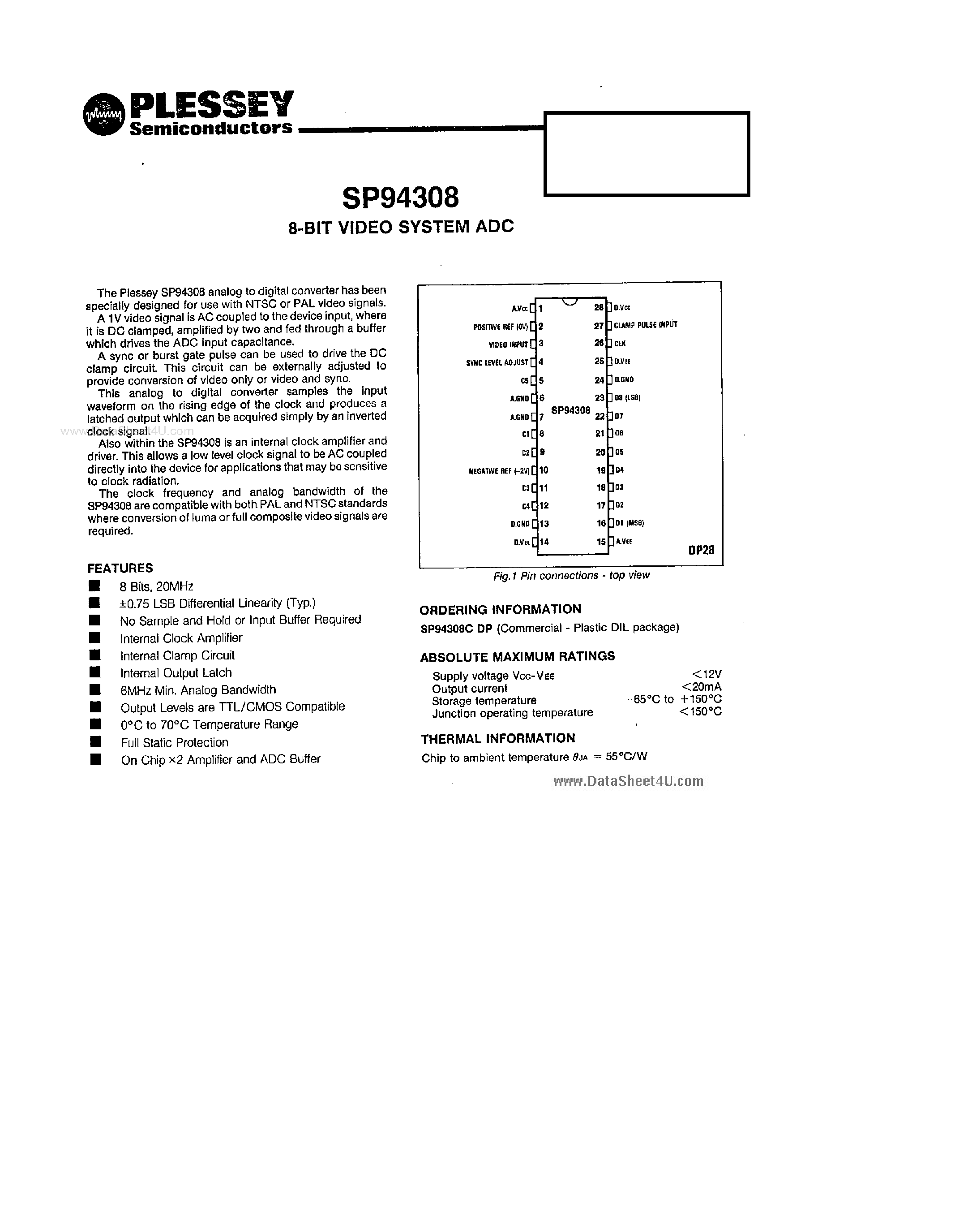 Даташит SP94308 - 8-BIT VIDEO SYSTEM ADC страница 2