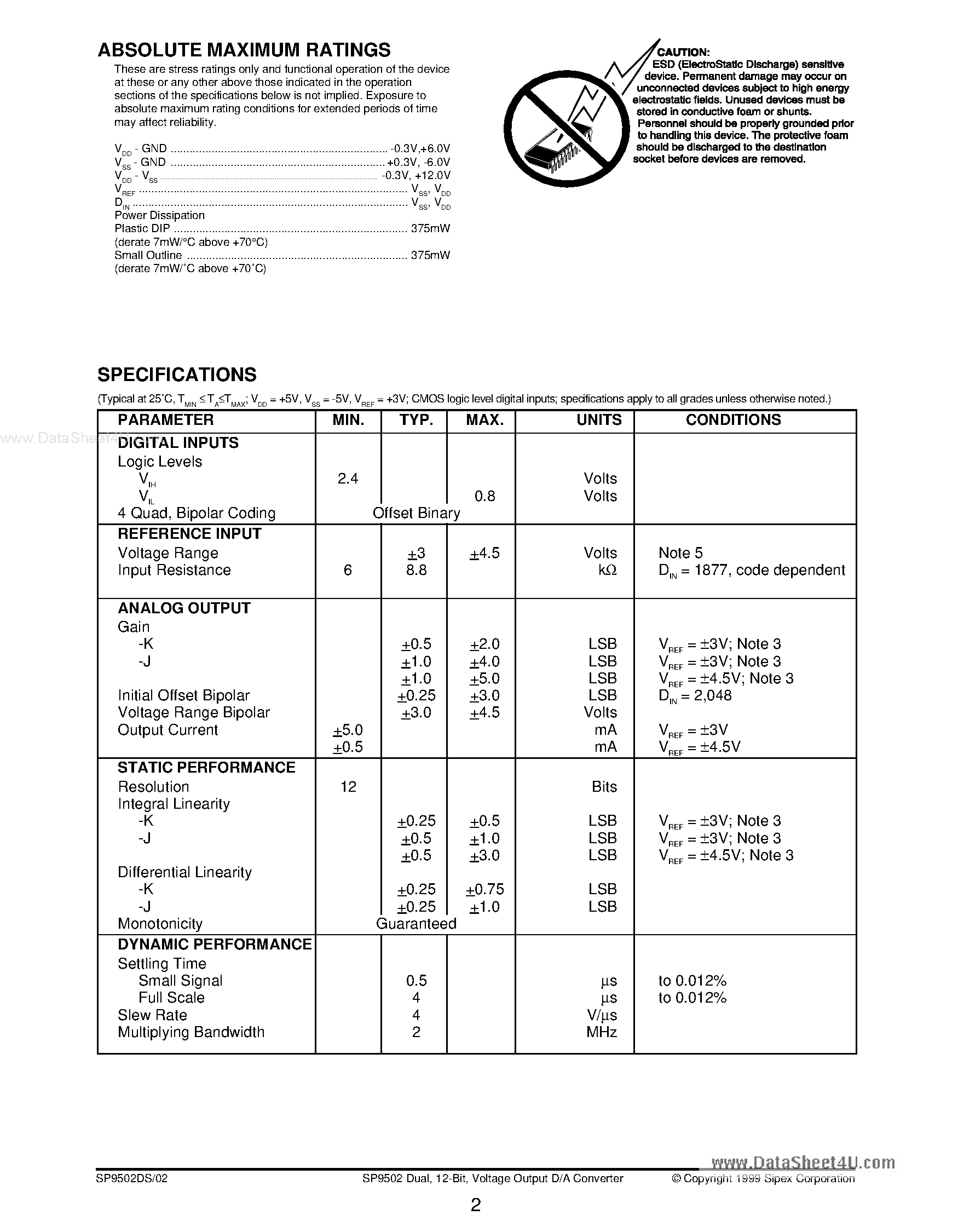 Даташит SP9502 - Voltage Output D/A Converter страница 2