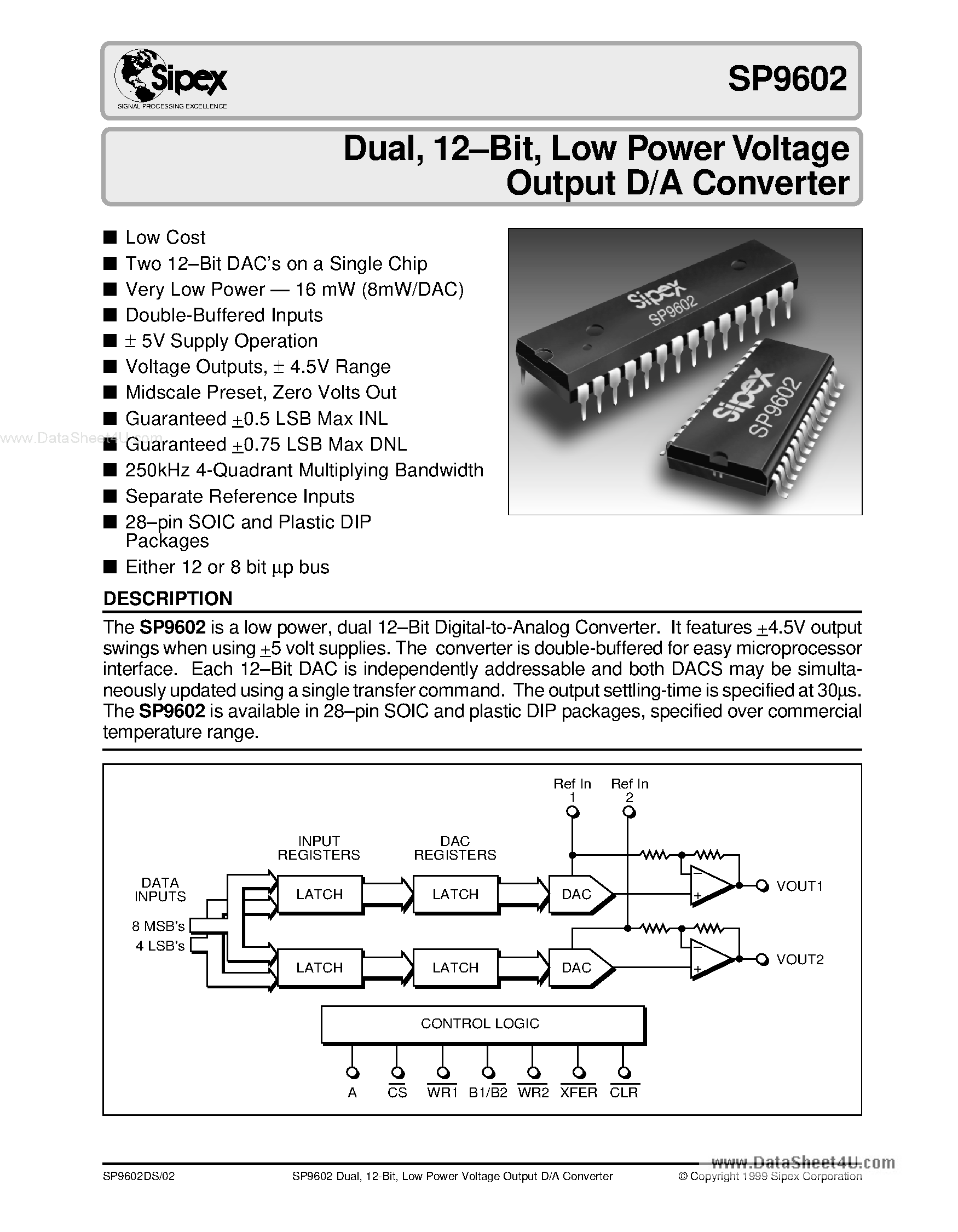 Даташит SP9602 - Low Power Voltage Output D/A Converter страница 1