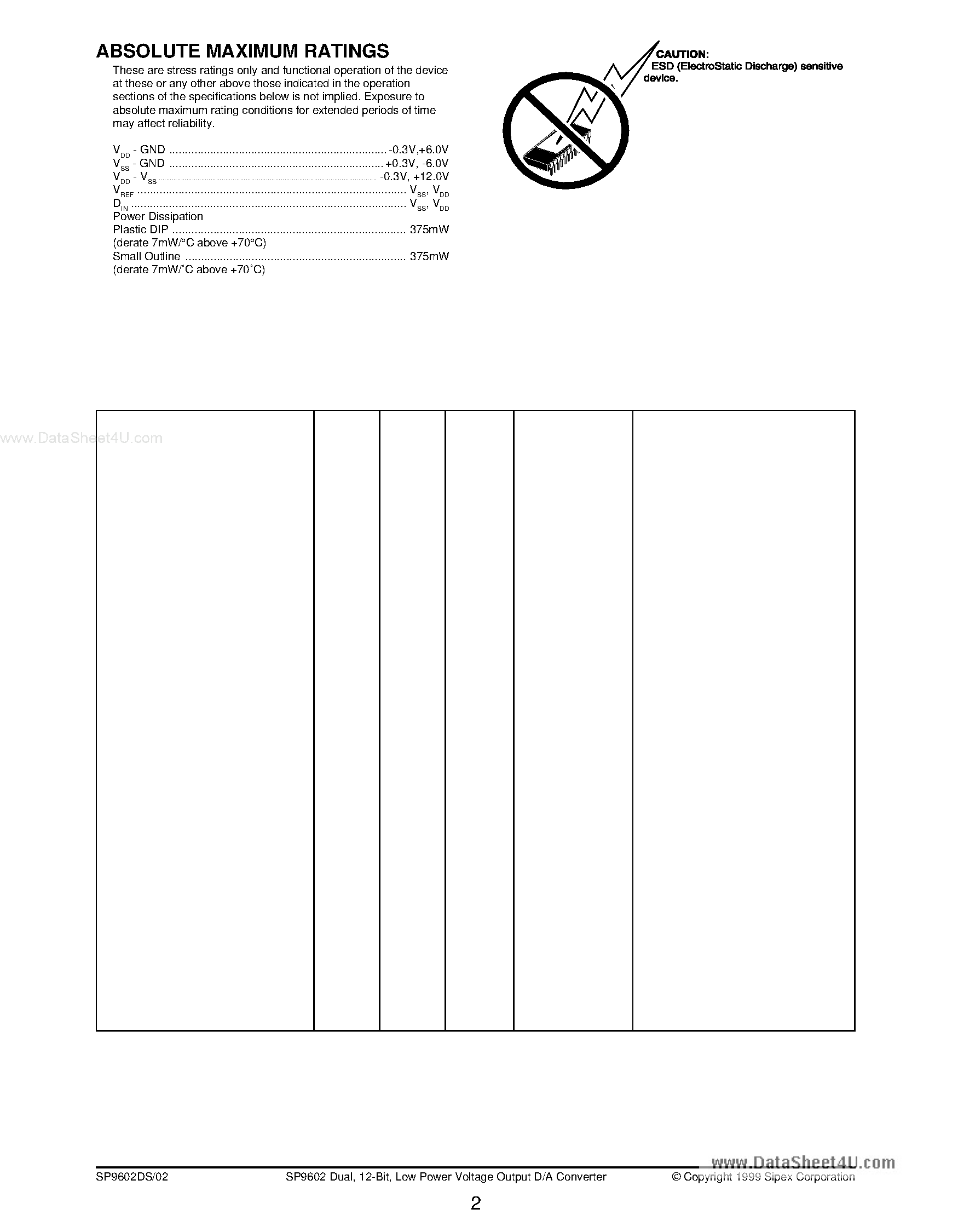 Даташит SP9602 - Low Power Voltage Output D/A Converter страница 2
