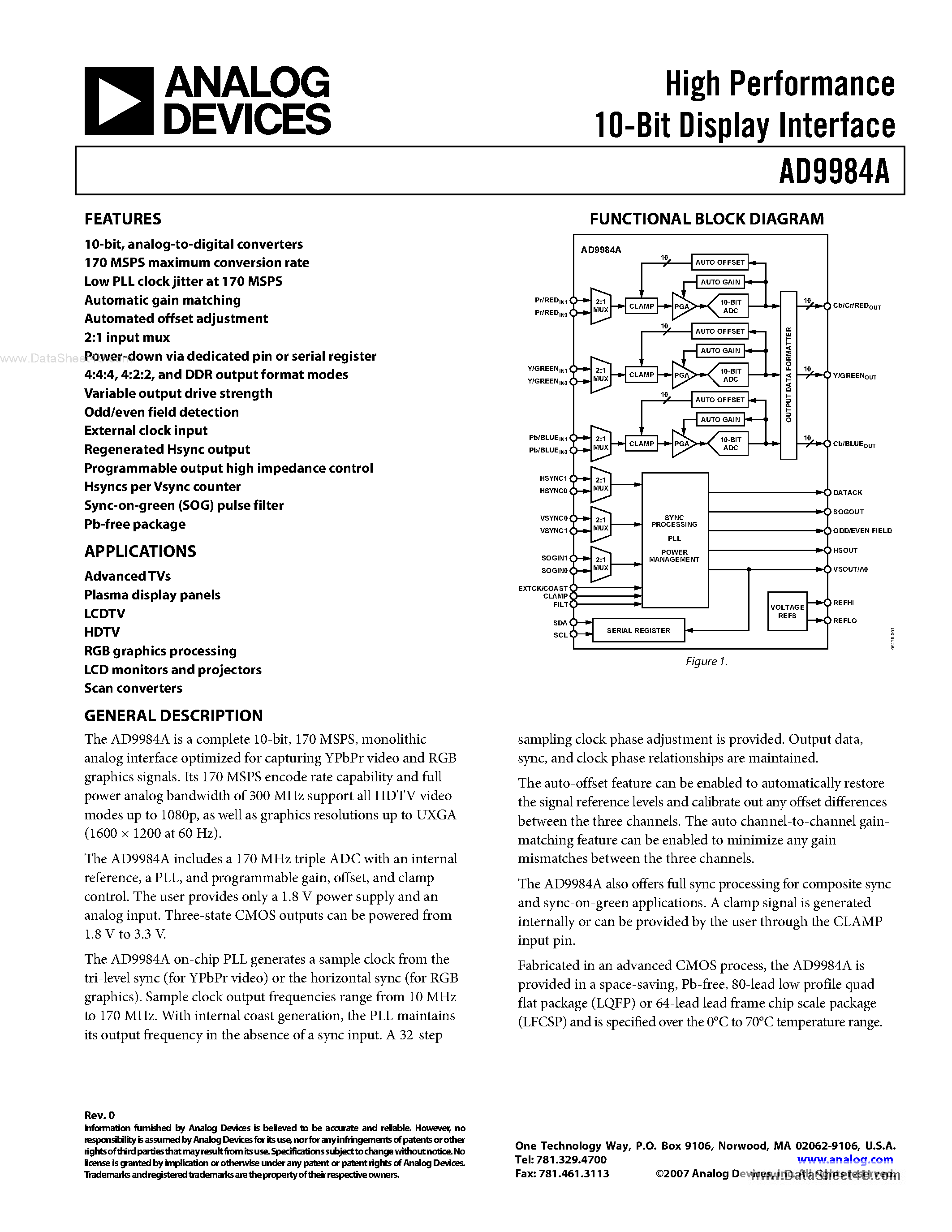 Datasheet AD9984A page 1 Datasheet AD9984A - High Performance 10-Bit Display Interface page 1