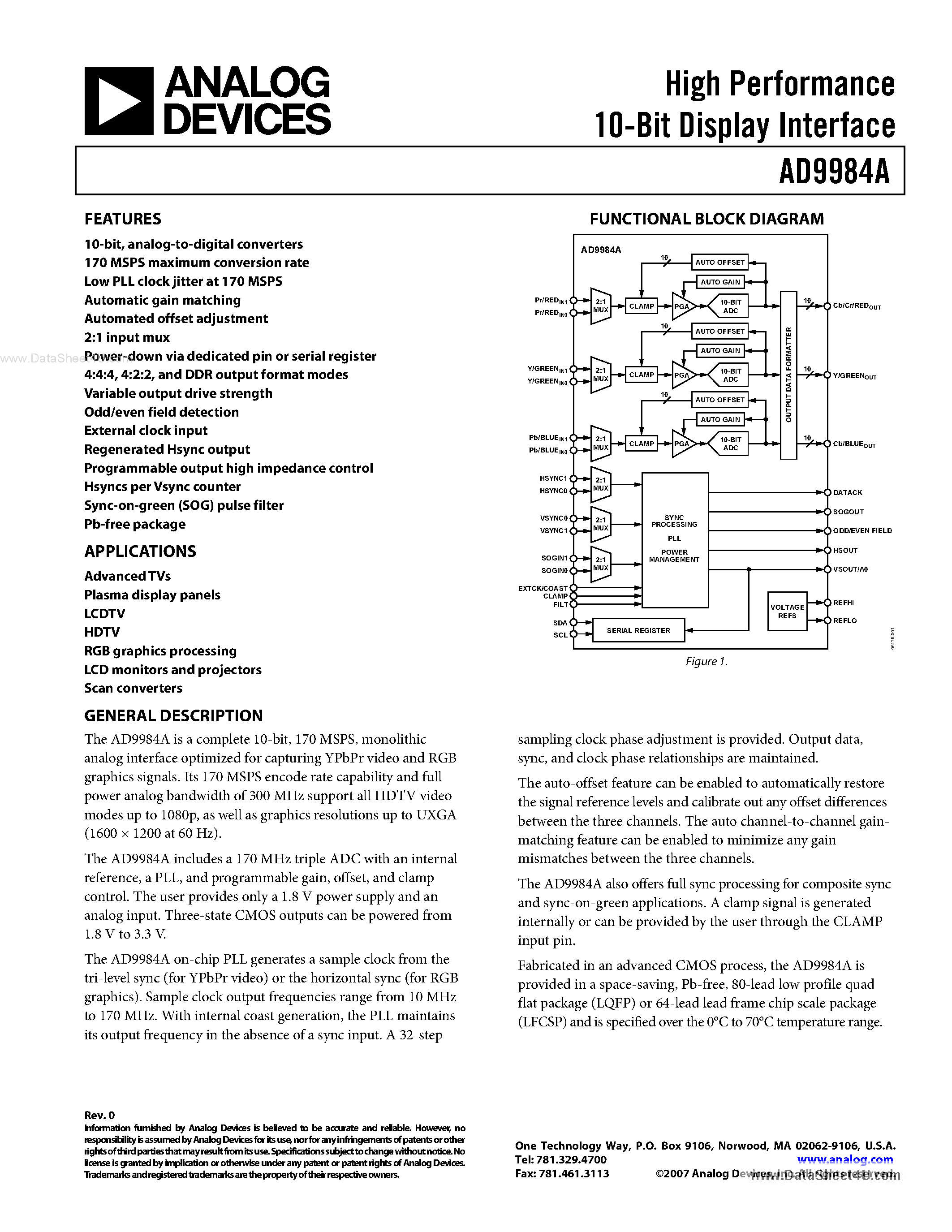 Даташит AD9984A - High Performance 10-Bit Display Interface страница 1