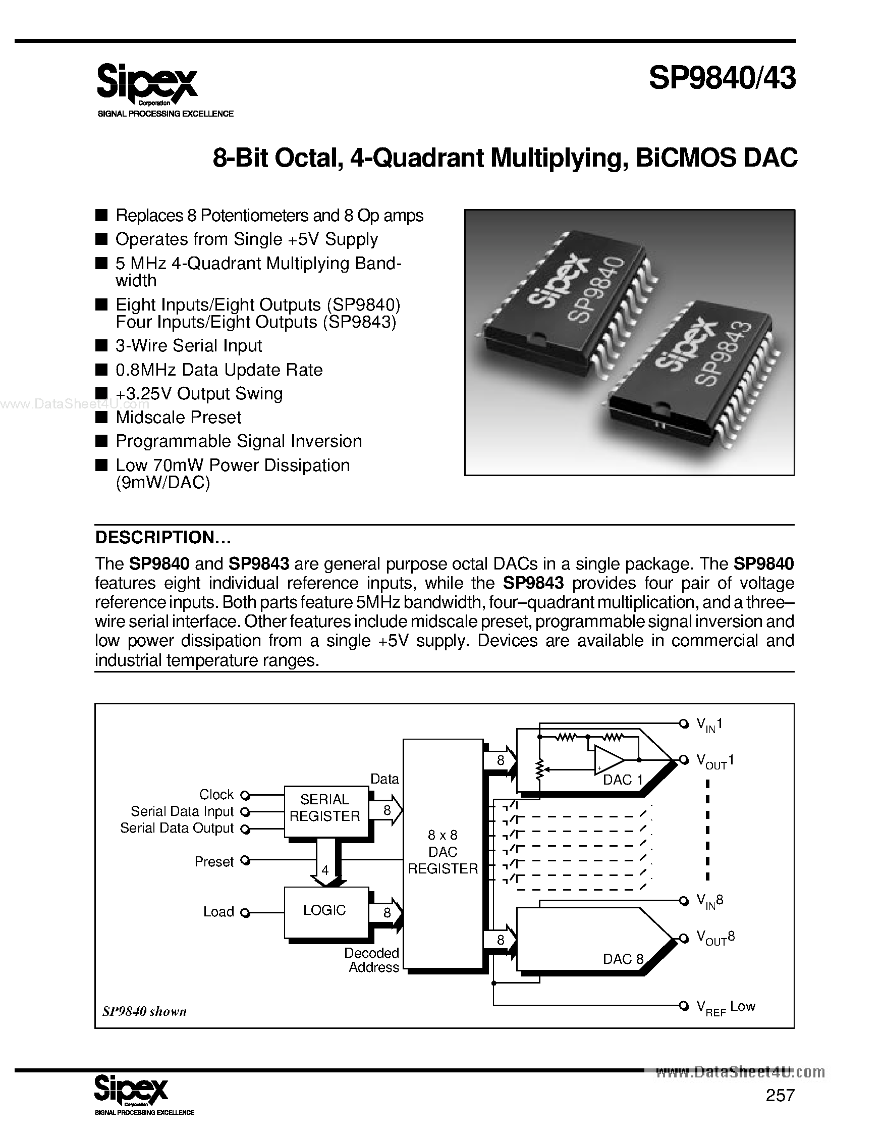 Datasheet SP9840 - (SP9840 / SP9843) 4-Quadrant Multiplying BiCMOS DAC page 1