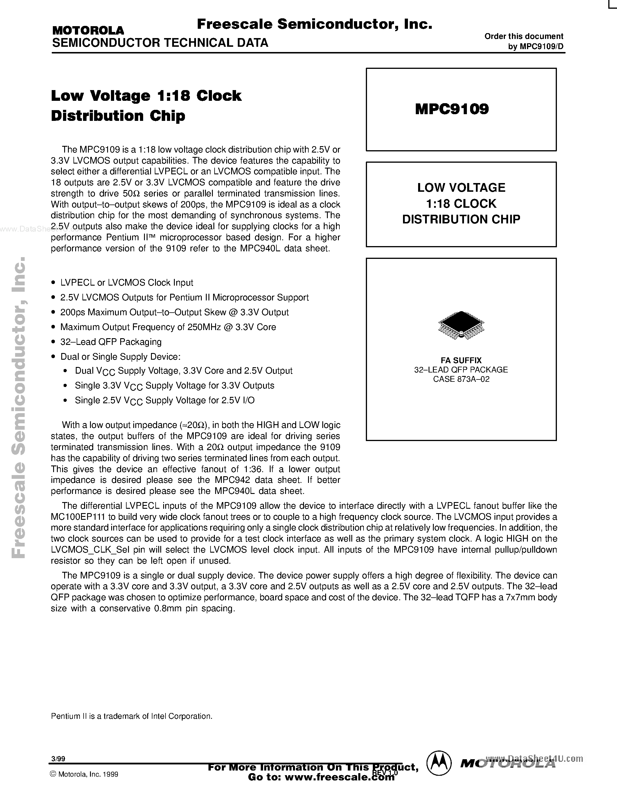 Datasheet MPC9109 - LOW VOLTAGE 1:18 CLOCK DISTRIBUTION CHIP page 1