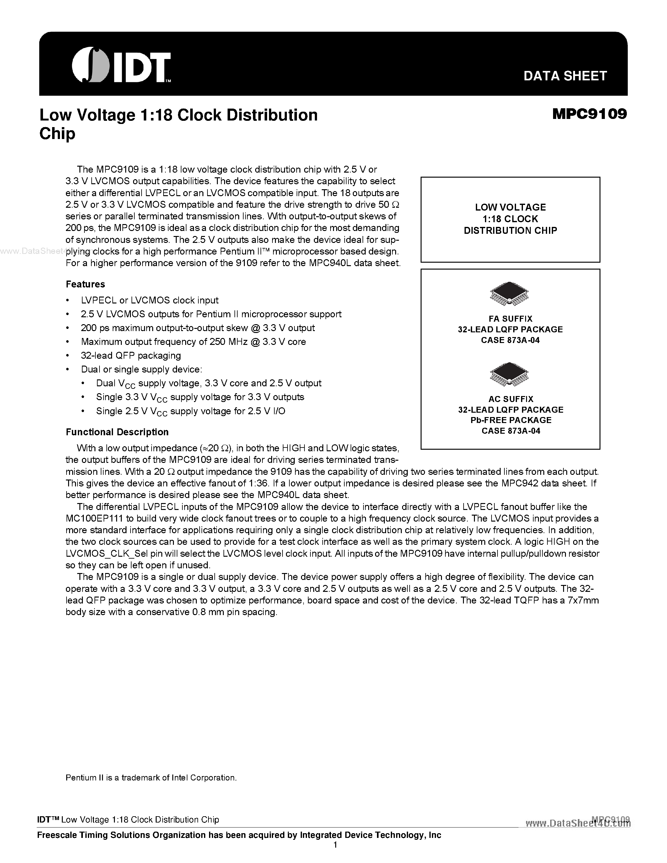 Datasheet MPC9109 - Low Voltage 1:18 Clock Distribution Chip page 1