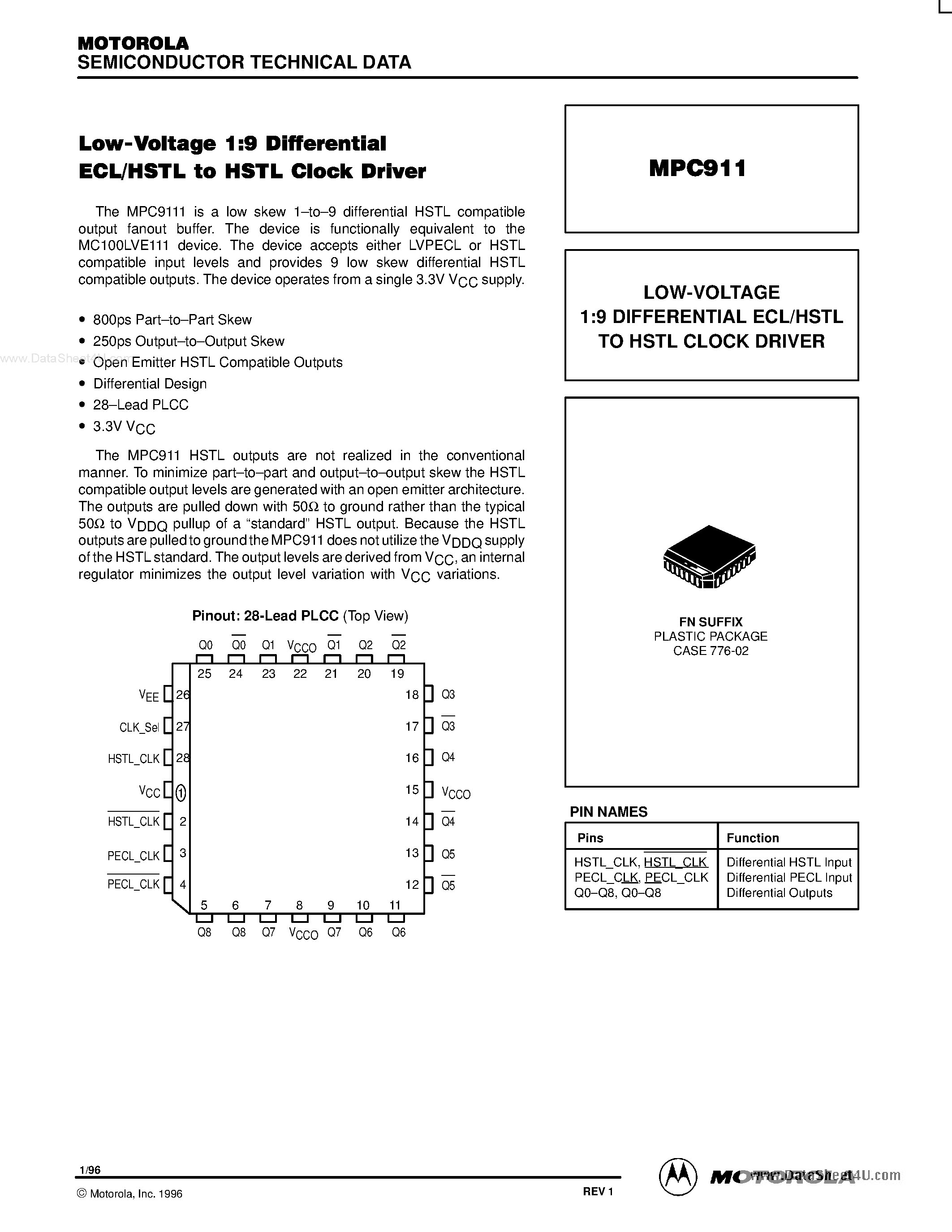 Datasheet MPC911 - LOW-VOLTAGE 1:9 DIFFERENTIAL ECL/HSTL TO HSTL CLOCK DRIVER page 1