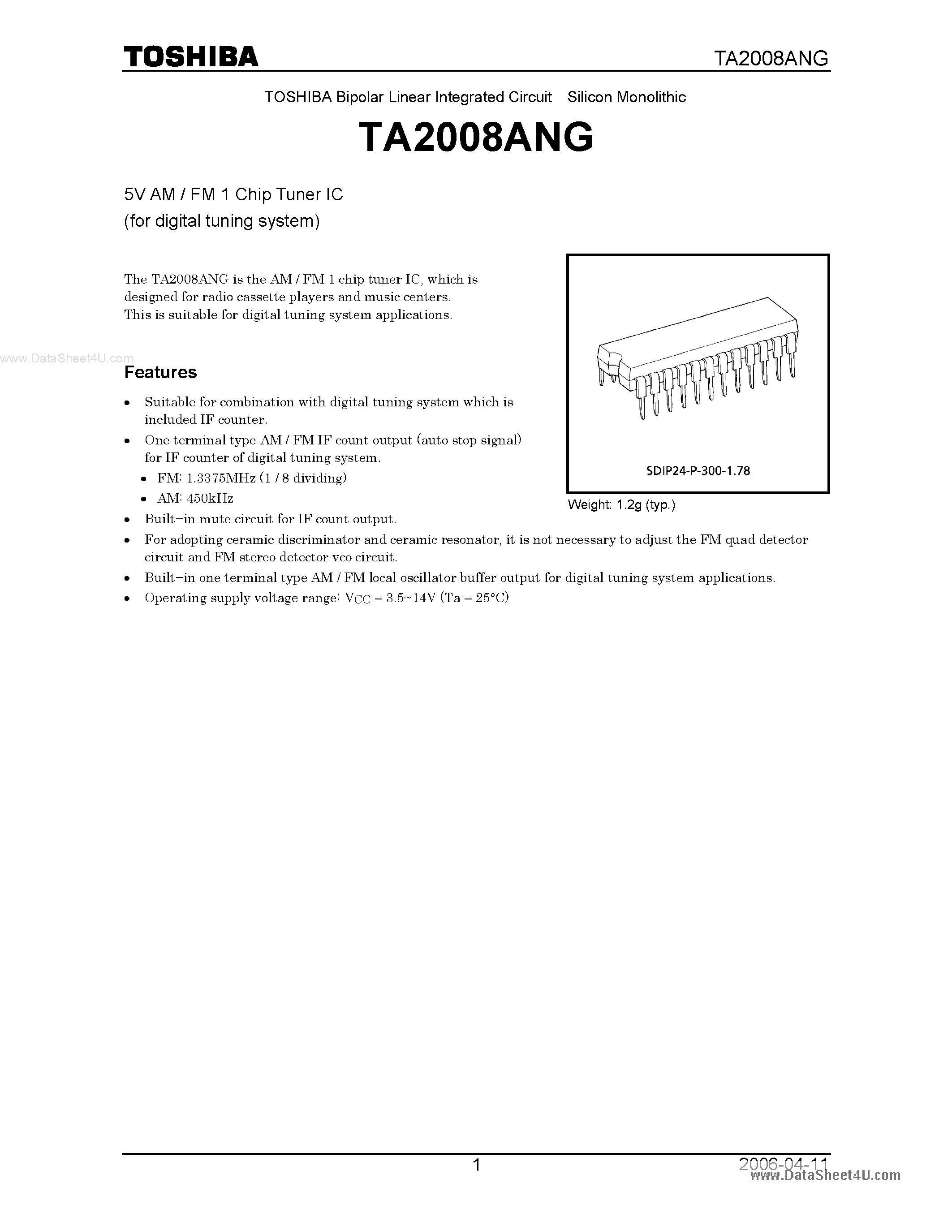 Datasheet TA2008ANG - 5V AM / FM 1 Chip Tuner IC page 1