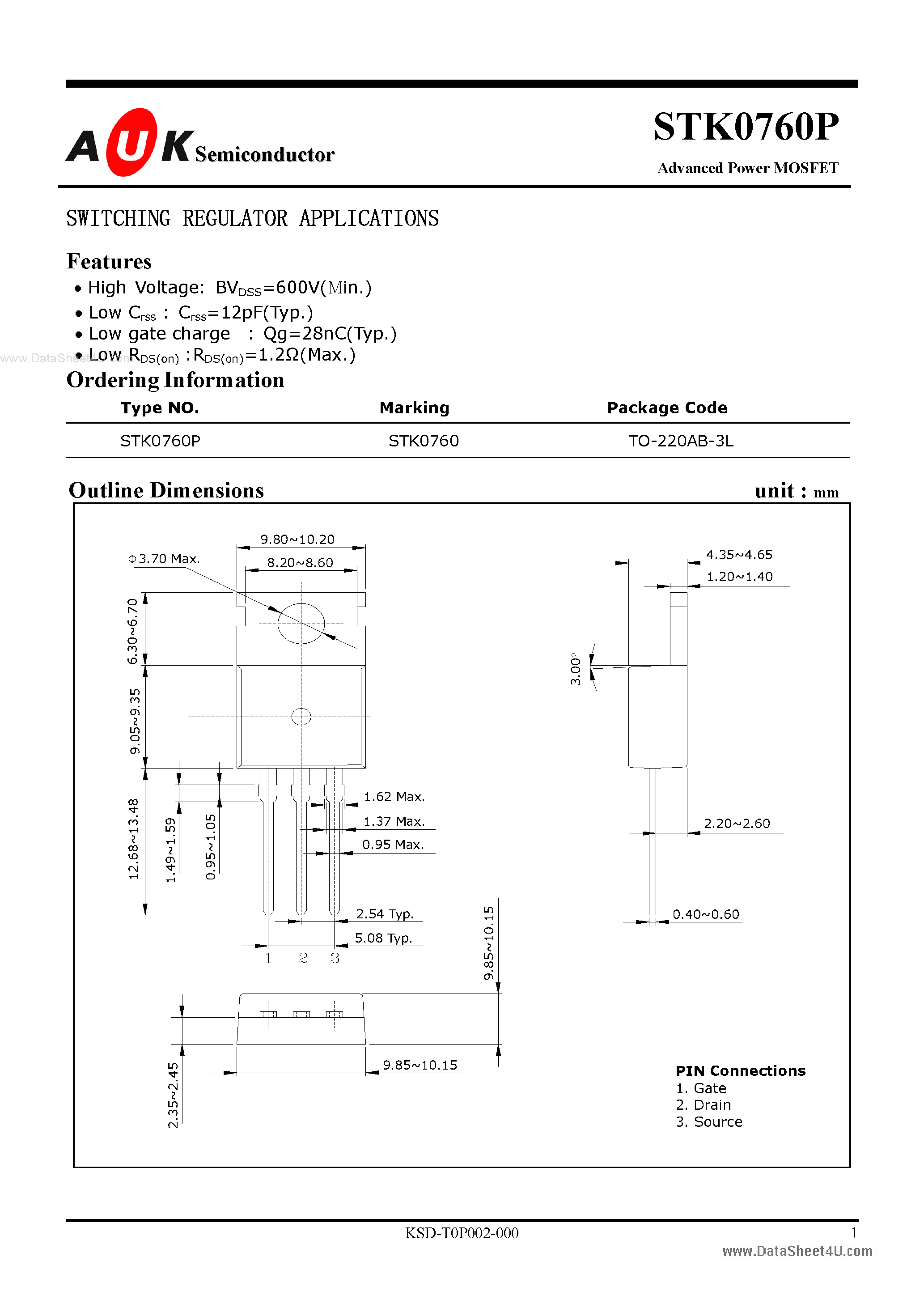 Datasheet STK0760P page 1 Datasheet STK0760P - Advanced Power MOSFET page 1