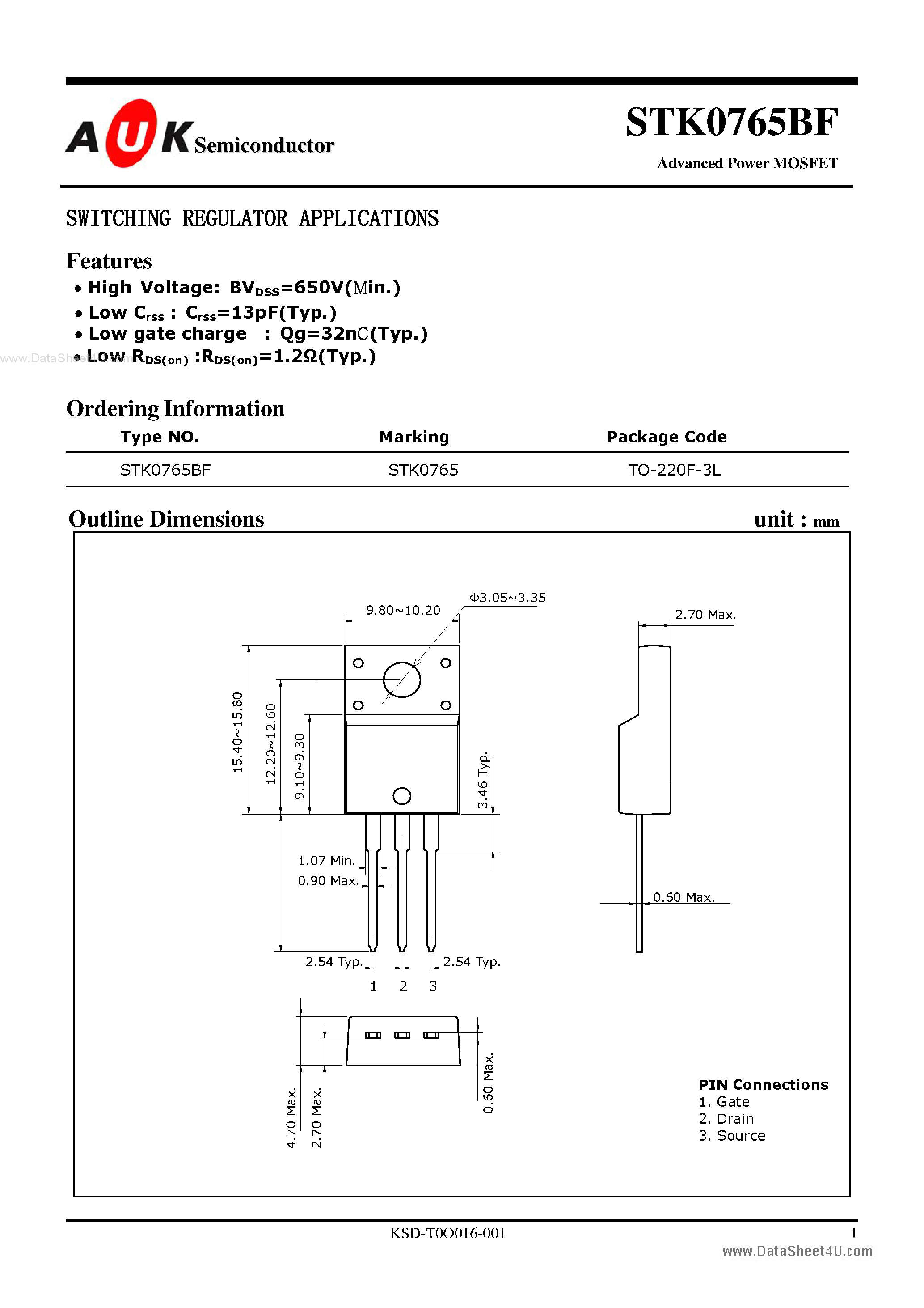 Datasheet STK0765BF page 1 Datasheet STK0765BF - Advanced Power MOSFET page 1