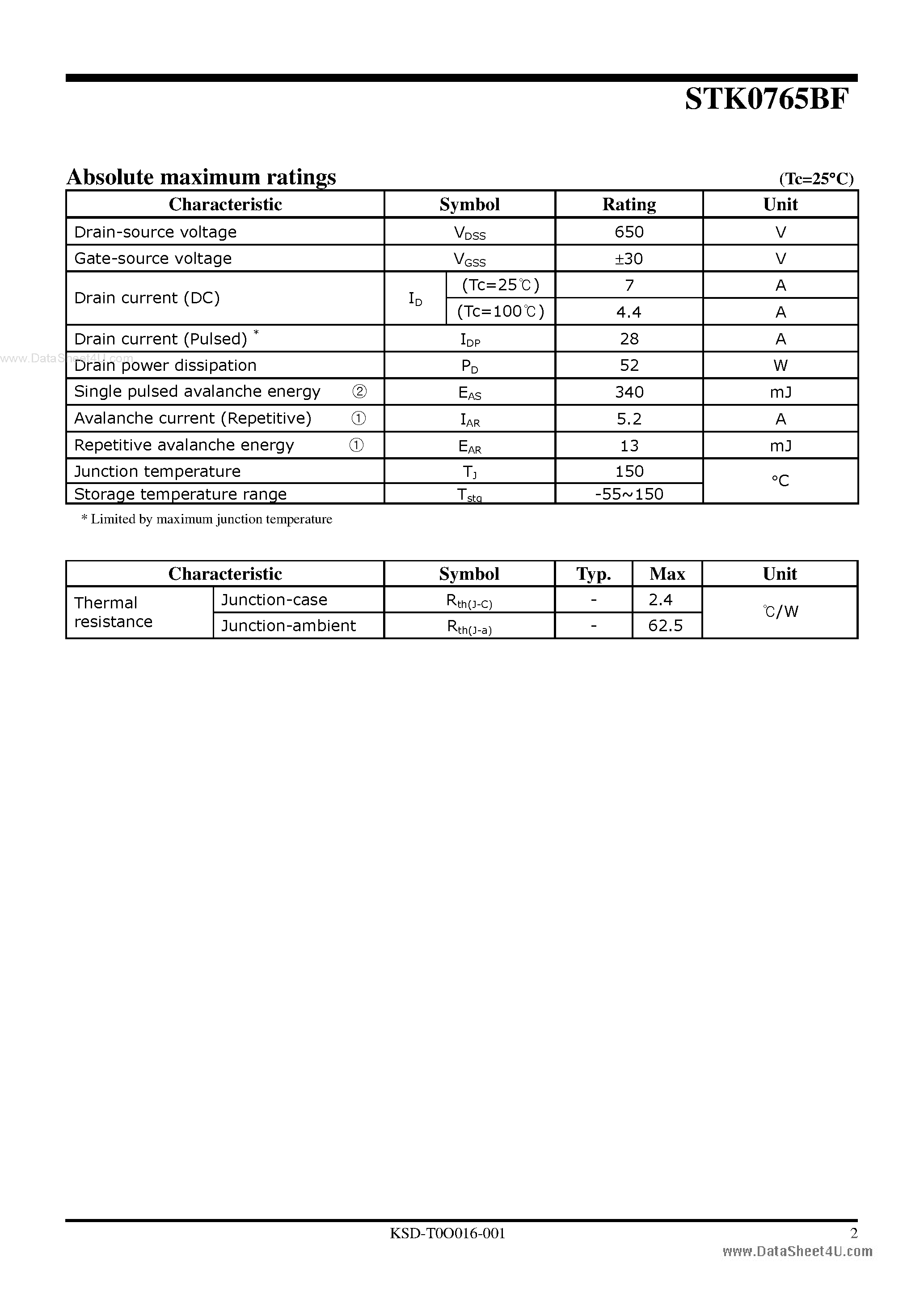 Datasheet STK0765BF page 2 Datasheet STK0765BF - Advanced Power MOSFET page 2