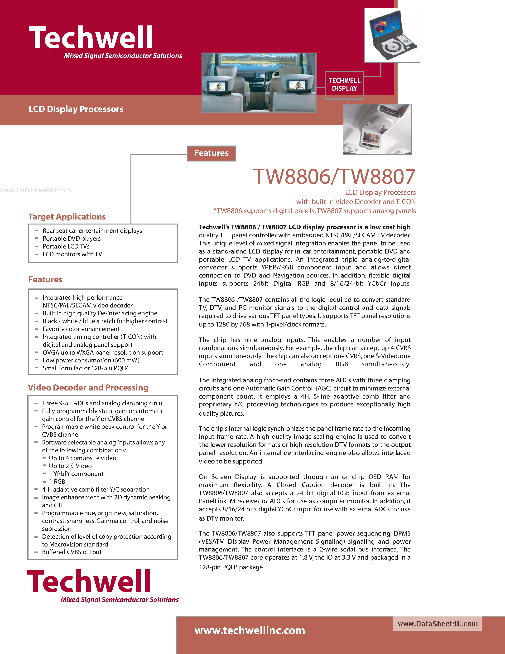 Даташит на микросхему TW8806 страница 1 Даташит TW8806 - (TW8806 / TW8807) LCD Display Processor страница 1