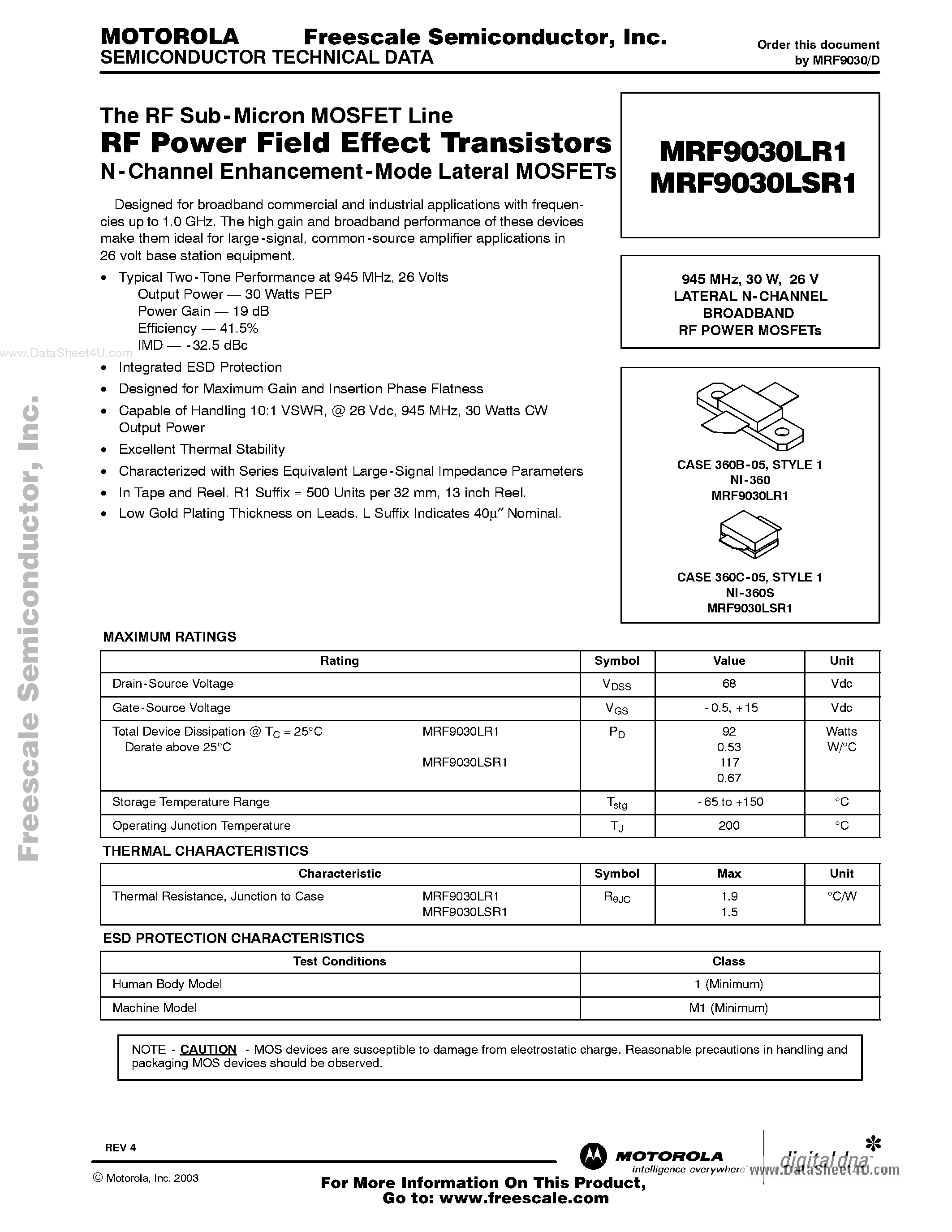 Datasheet MRF9030LR1 - The RF Sub-Micron MOSFET Line RF Power Field Effect Transistors N-Channel Enhancement-Mode Lateral MOSFETs page 1