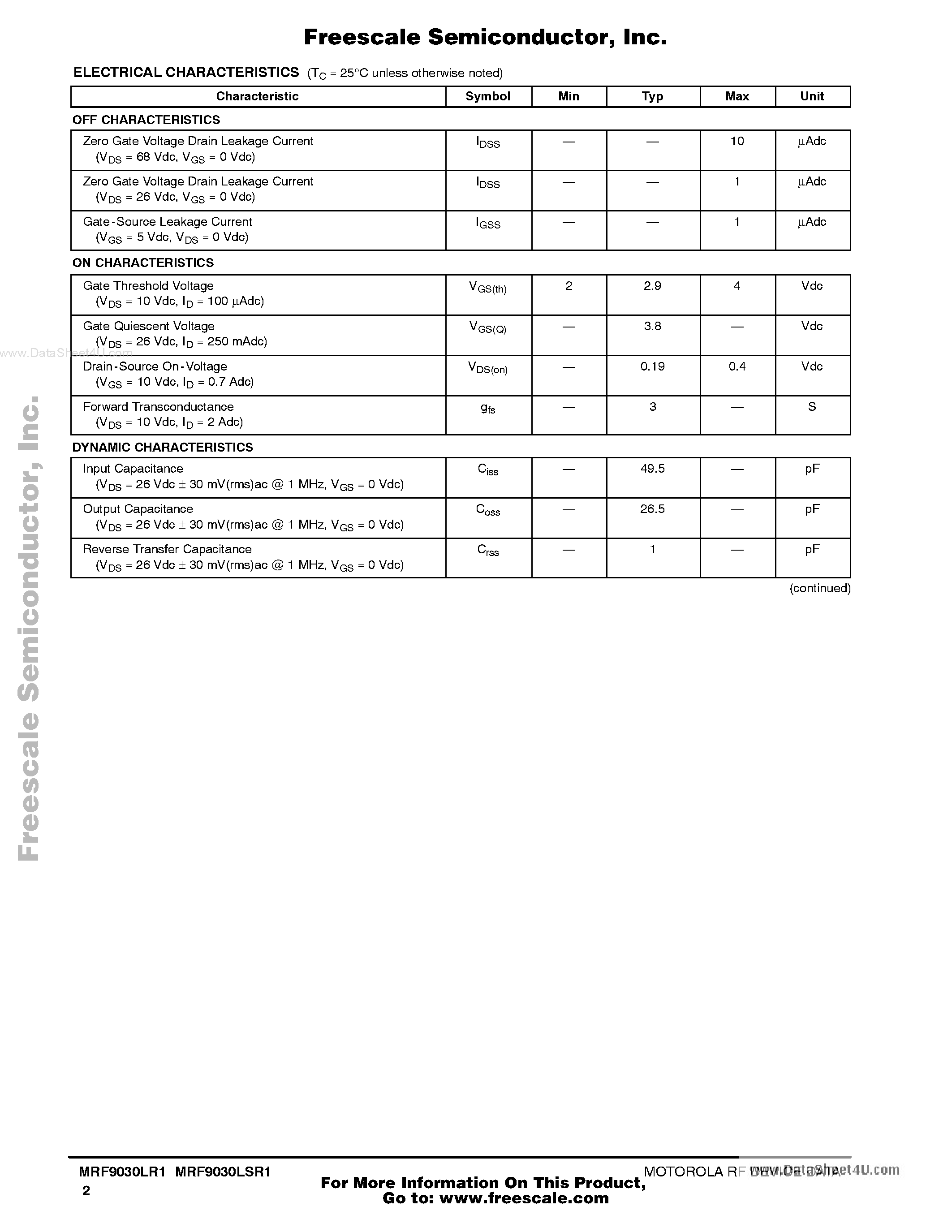 Datasheet MRF9030LR1 - The RF Sub-Micron MOSFET Line RF Power Field Effect Transistors N-Channel Enhancement-Mode Lateral MOSFETs page 2