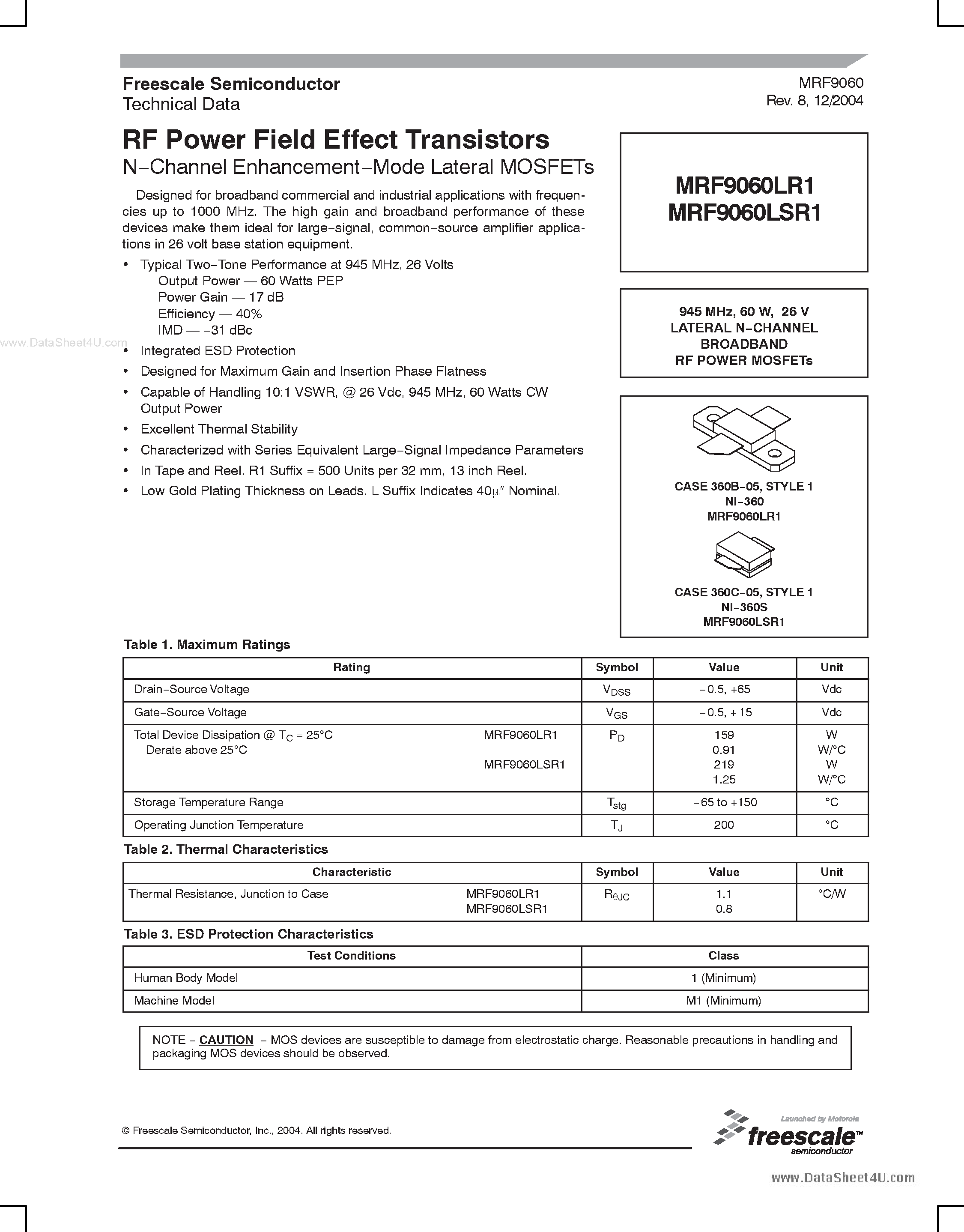 Datasheet MRF9060LSR1 - RF Power Field Effect Transistors N-Channel Enhancement-Mode Lateral MOSFETs page 1