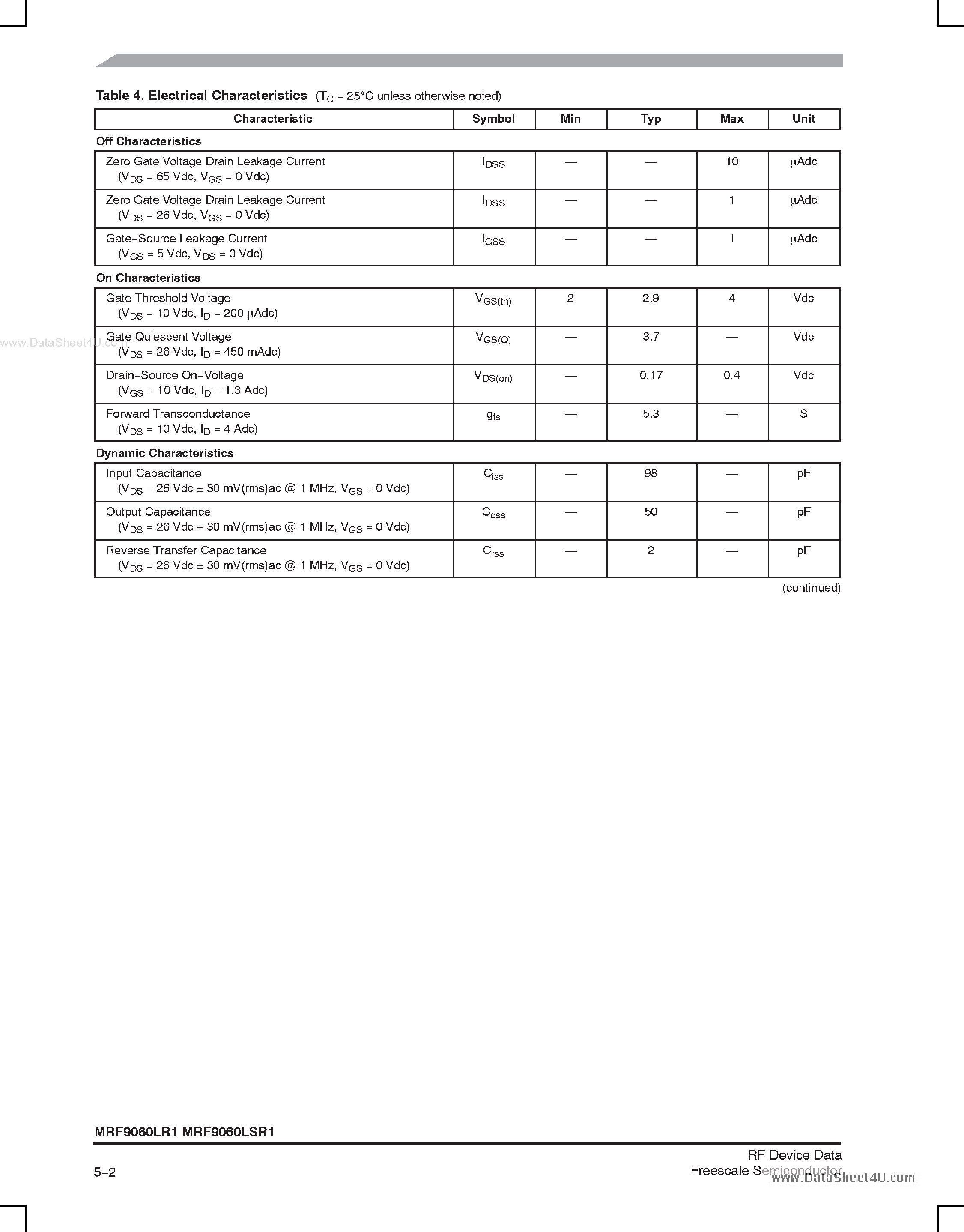 Datasheet MRF9060LSR1 - RF Power Field Effect Transistors N-Channel Enhancement-Mode Lateral MOSFETs page 2