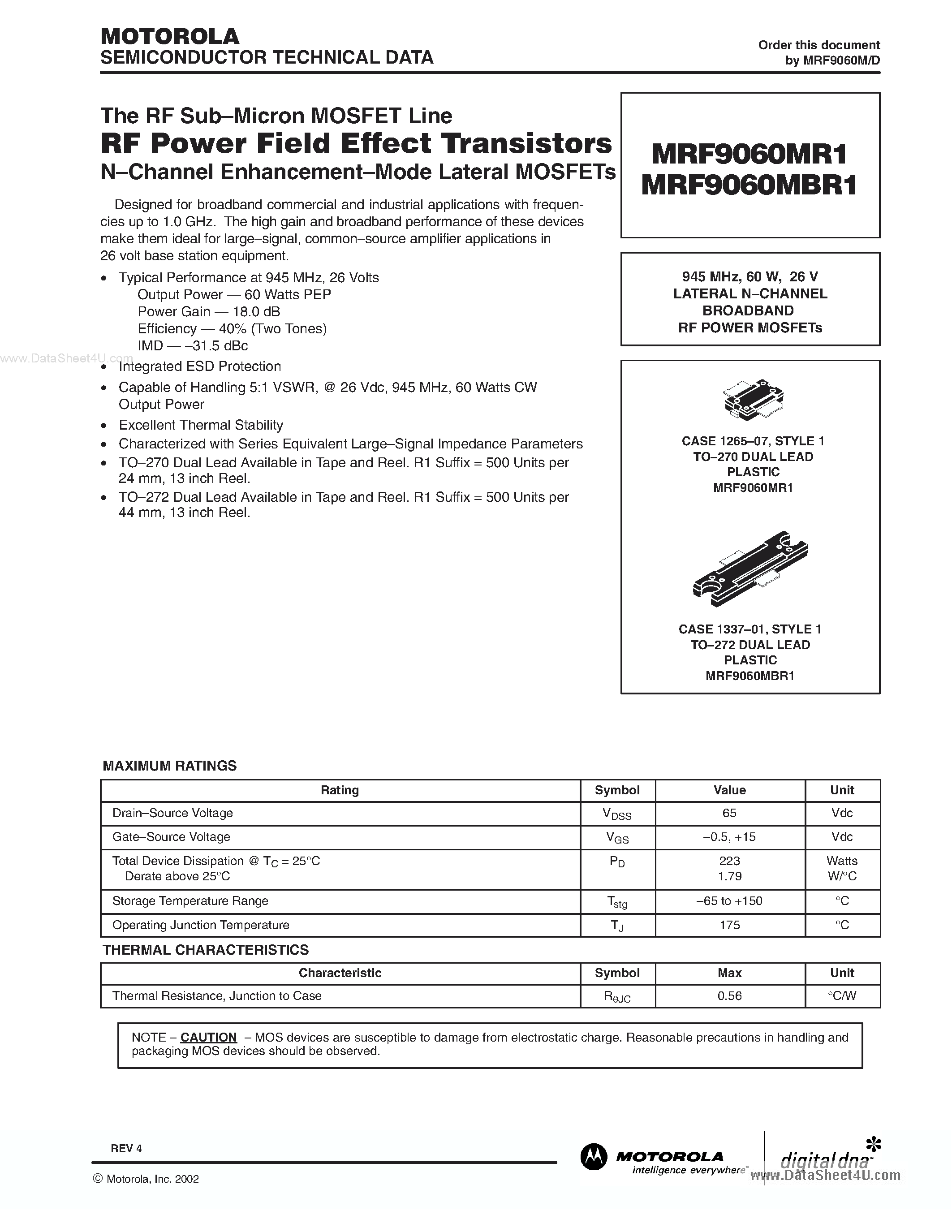 Datasheet MRF9060MBR1 - The RF Sub-micron MOSFET Line RF POWER FIELD EFFECT TRANSISTORS N-channel Enhancement-mode Lateral MOSFETs page 1